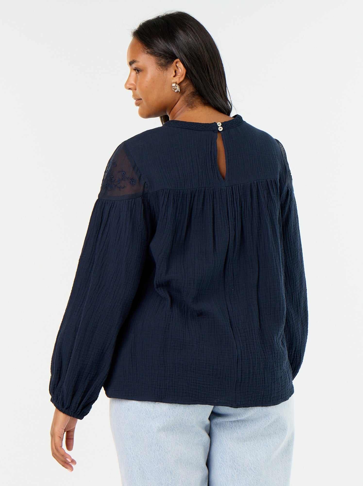 Blouse uni en gaze de coton et dentelle - Bleu
