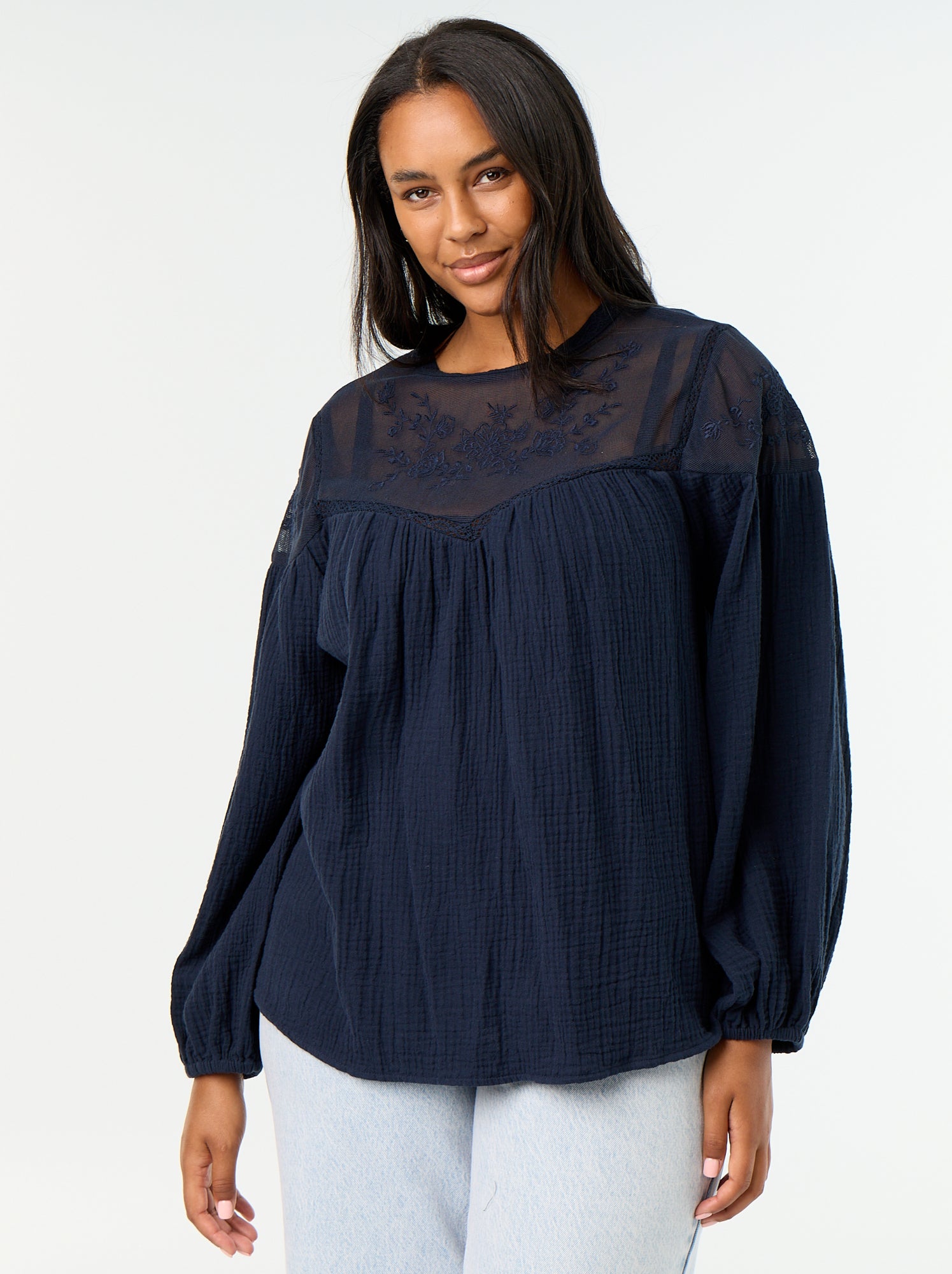 Blouse uni en gaze de coton et dentelle - Bleu