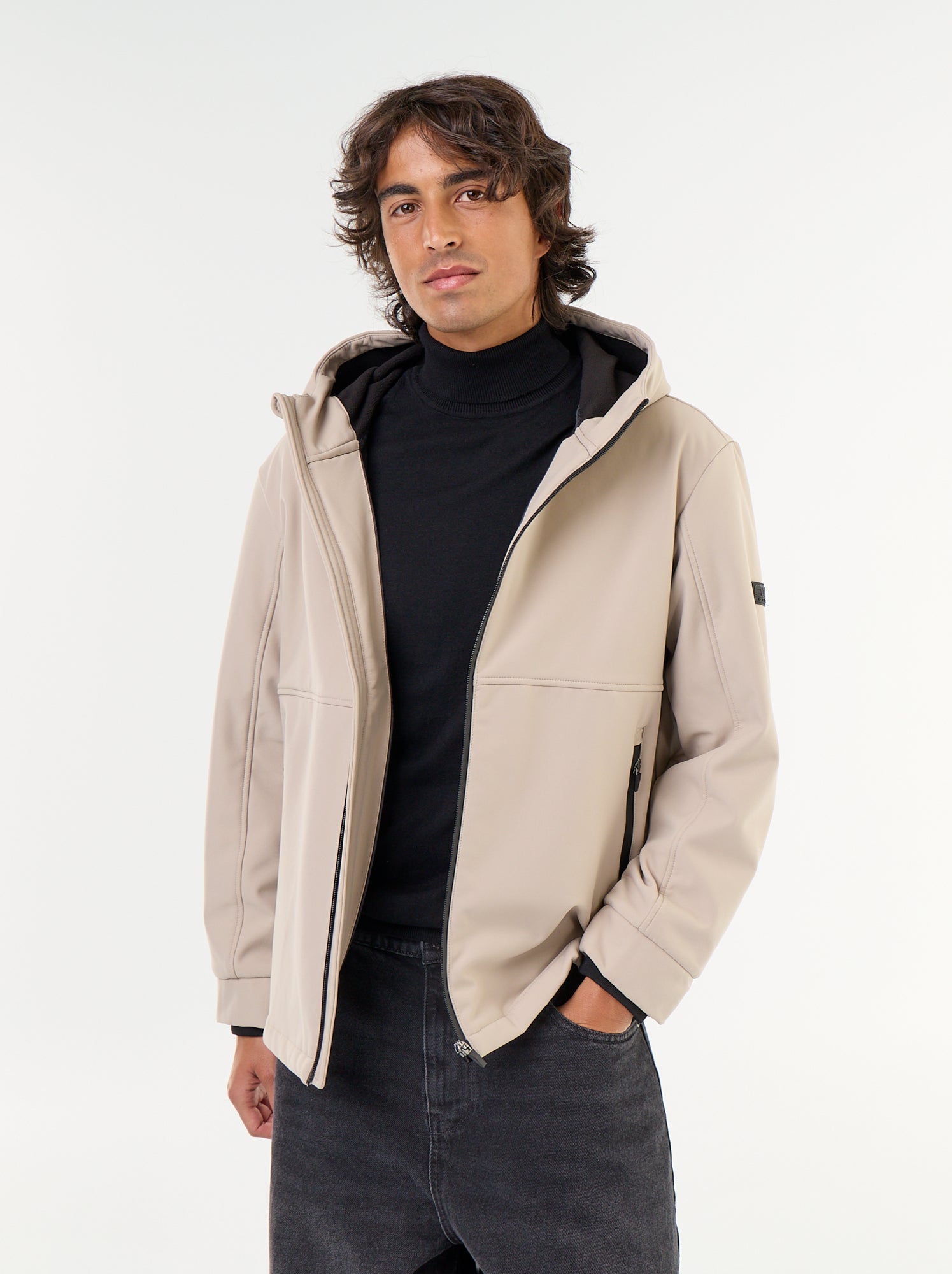 Blouson à capuche néoprène doublé micro-polaire - Beige