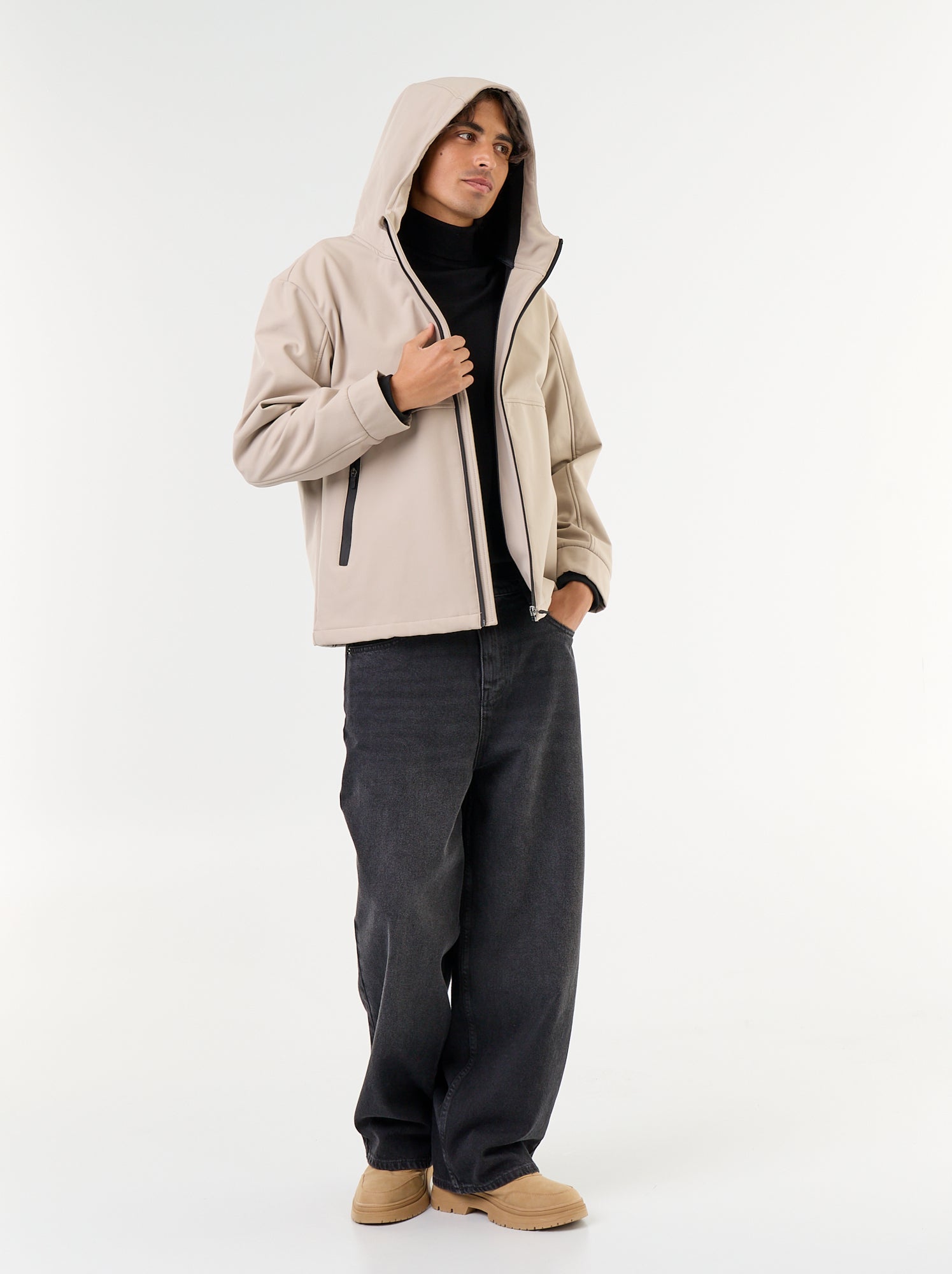 Blouson à capuche néoprène doublé micro-polaire - Beige