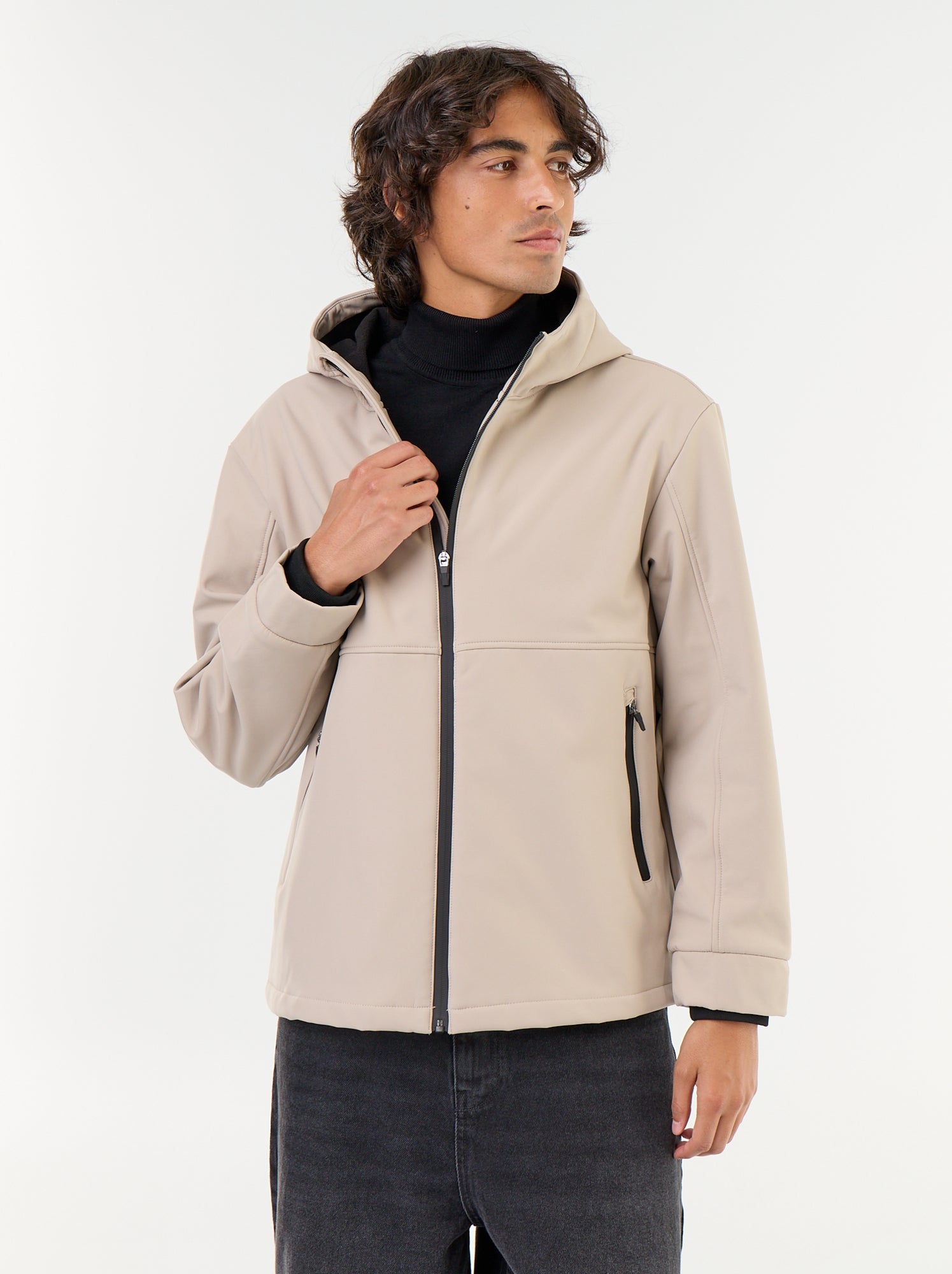 Blouson à capuche néoprène doublé micro-polaire - Beige