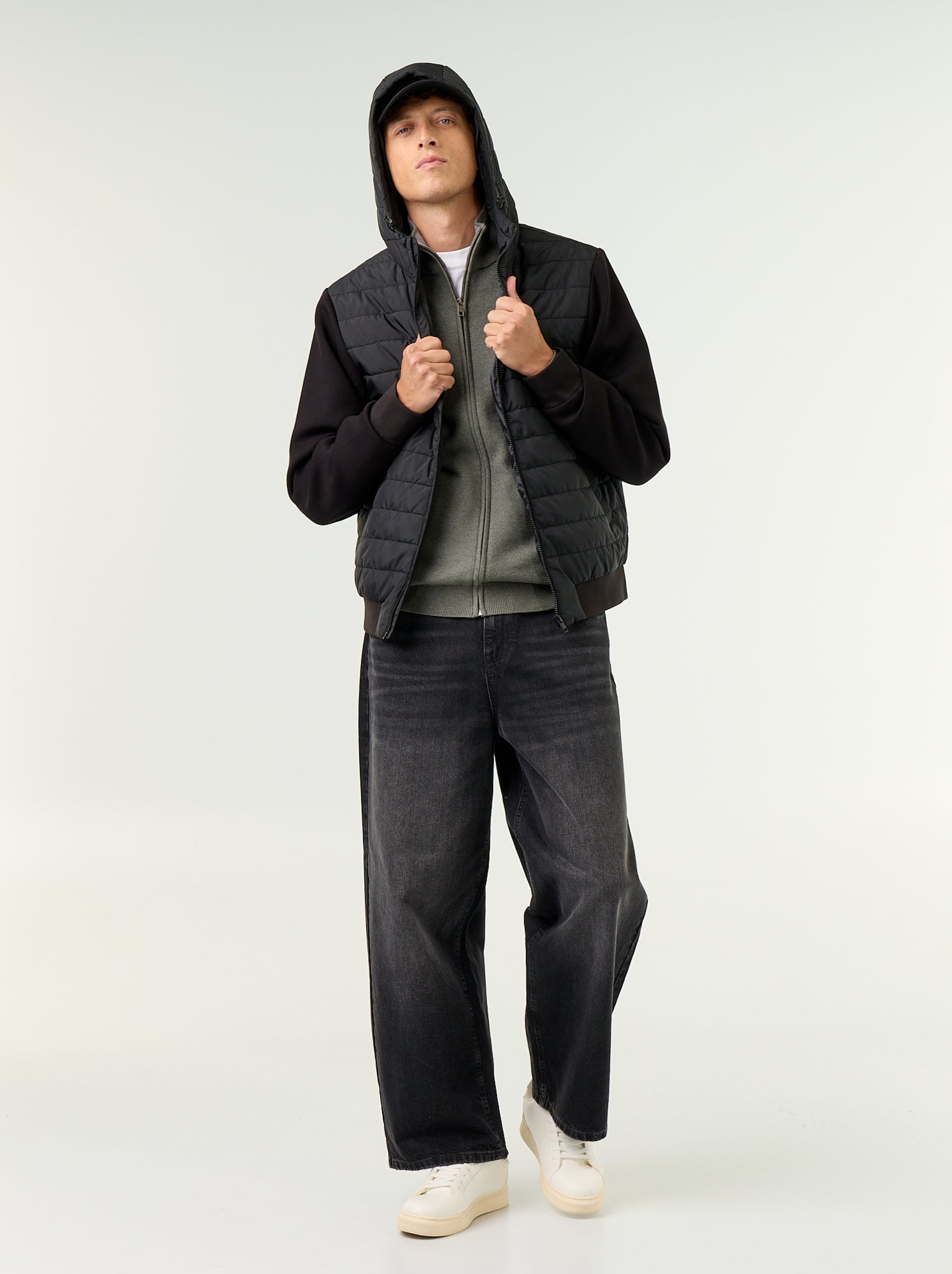Blouson à capuche zippé bi-matière - Noir