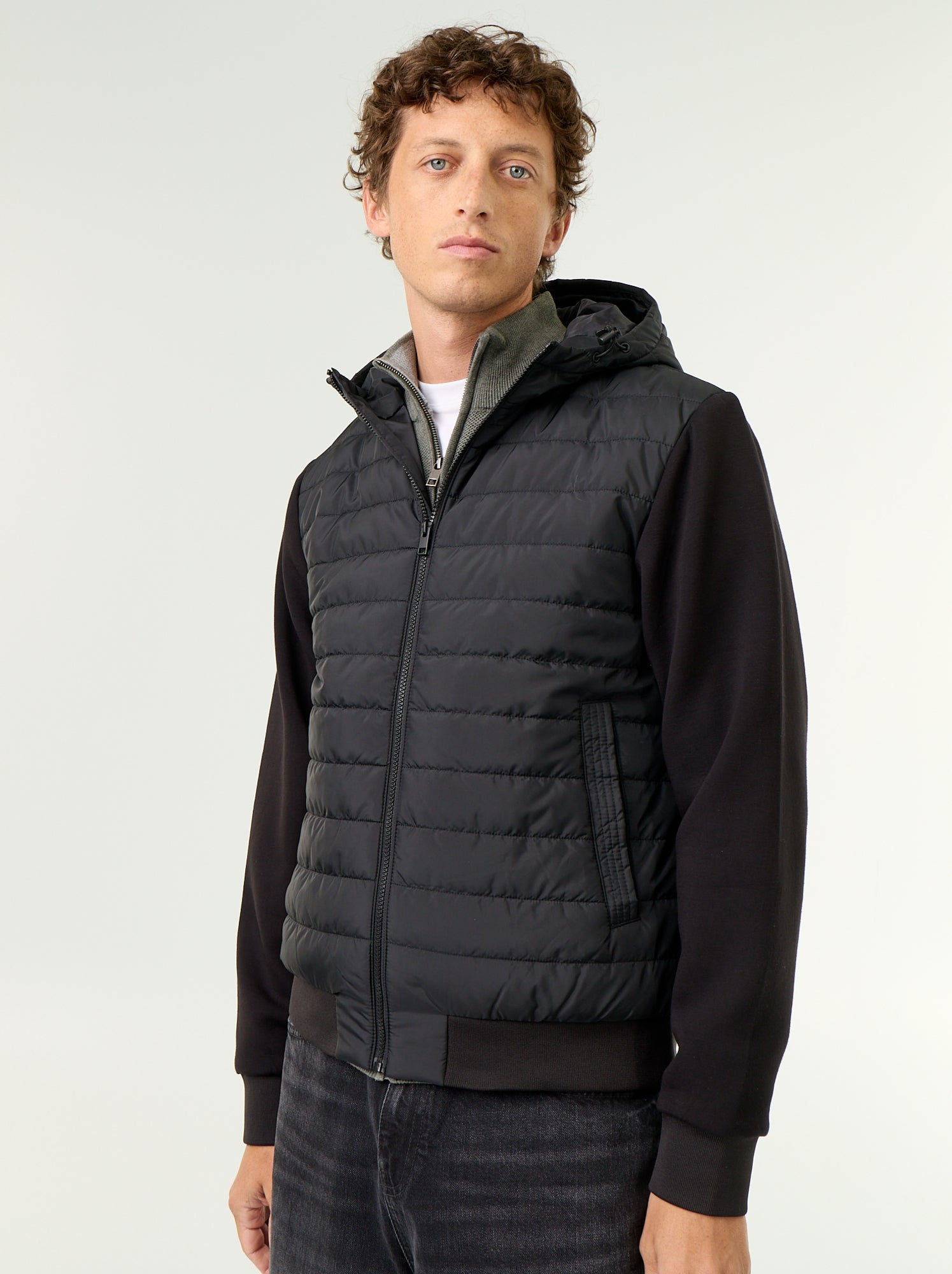 Blouson à capuche zippé bi-matière - Noir