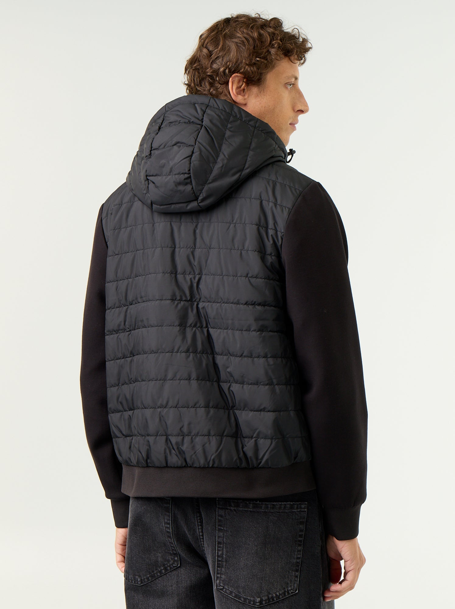 Blouson à capuche zippé bi-matière - Noir