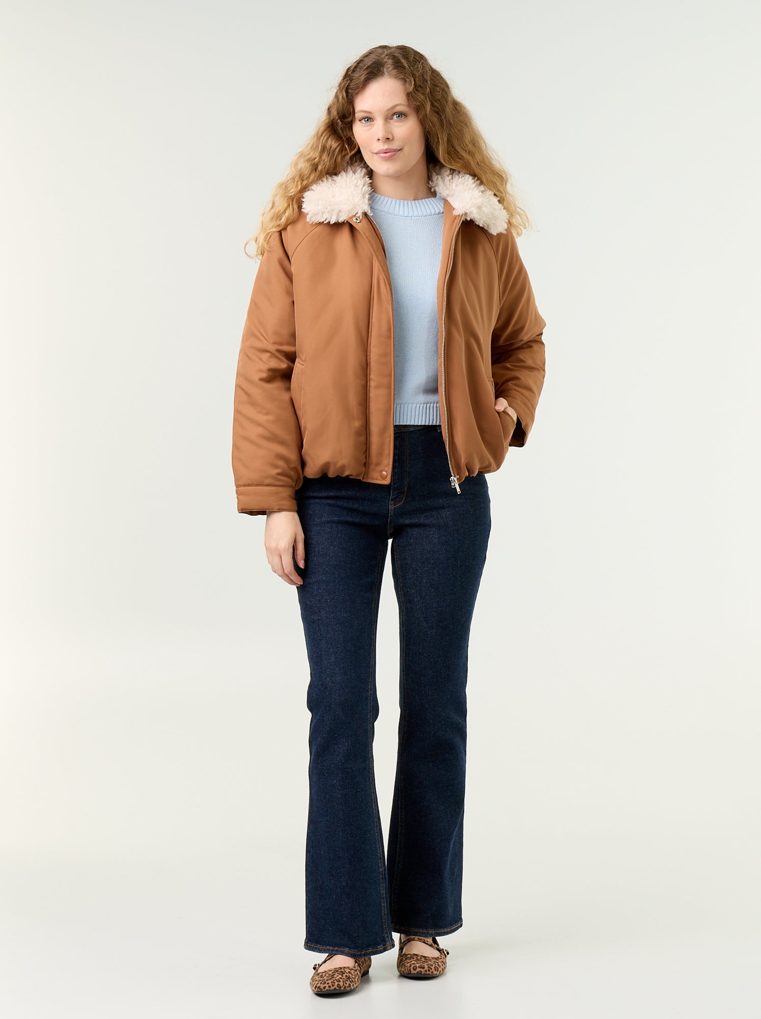 Blouson court avec col effet moutonné - Marron
