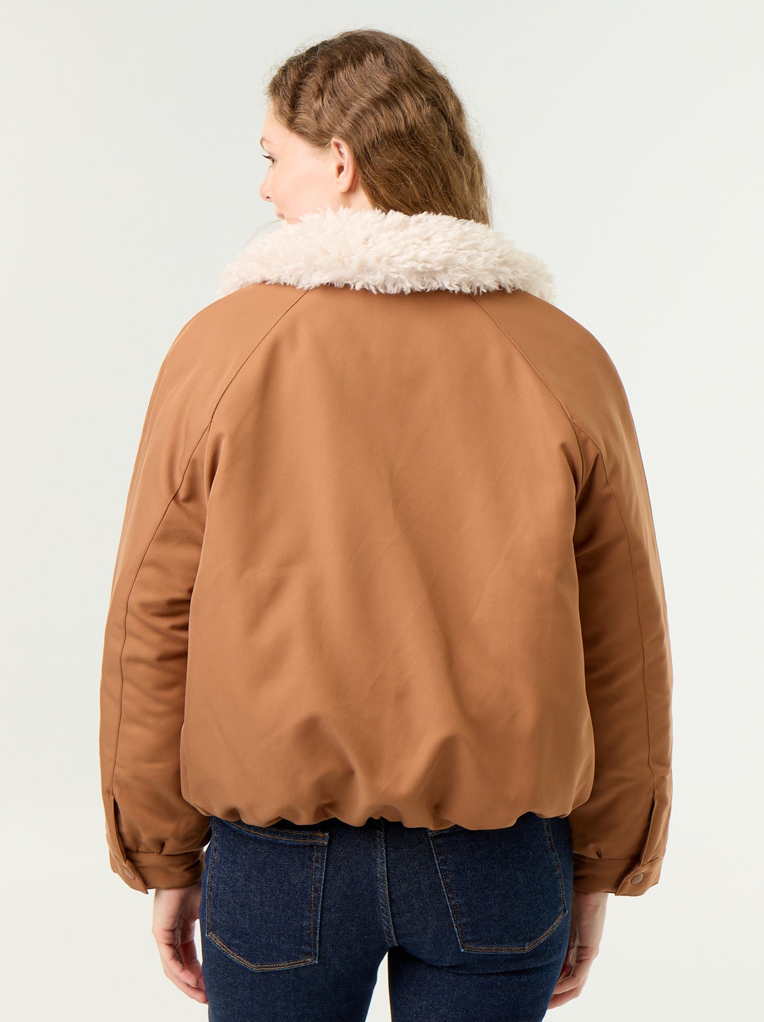 Blouson court avec col effet moutonné - Marron