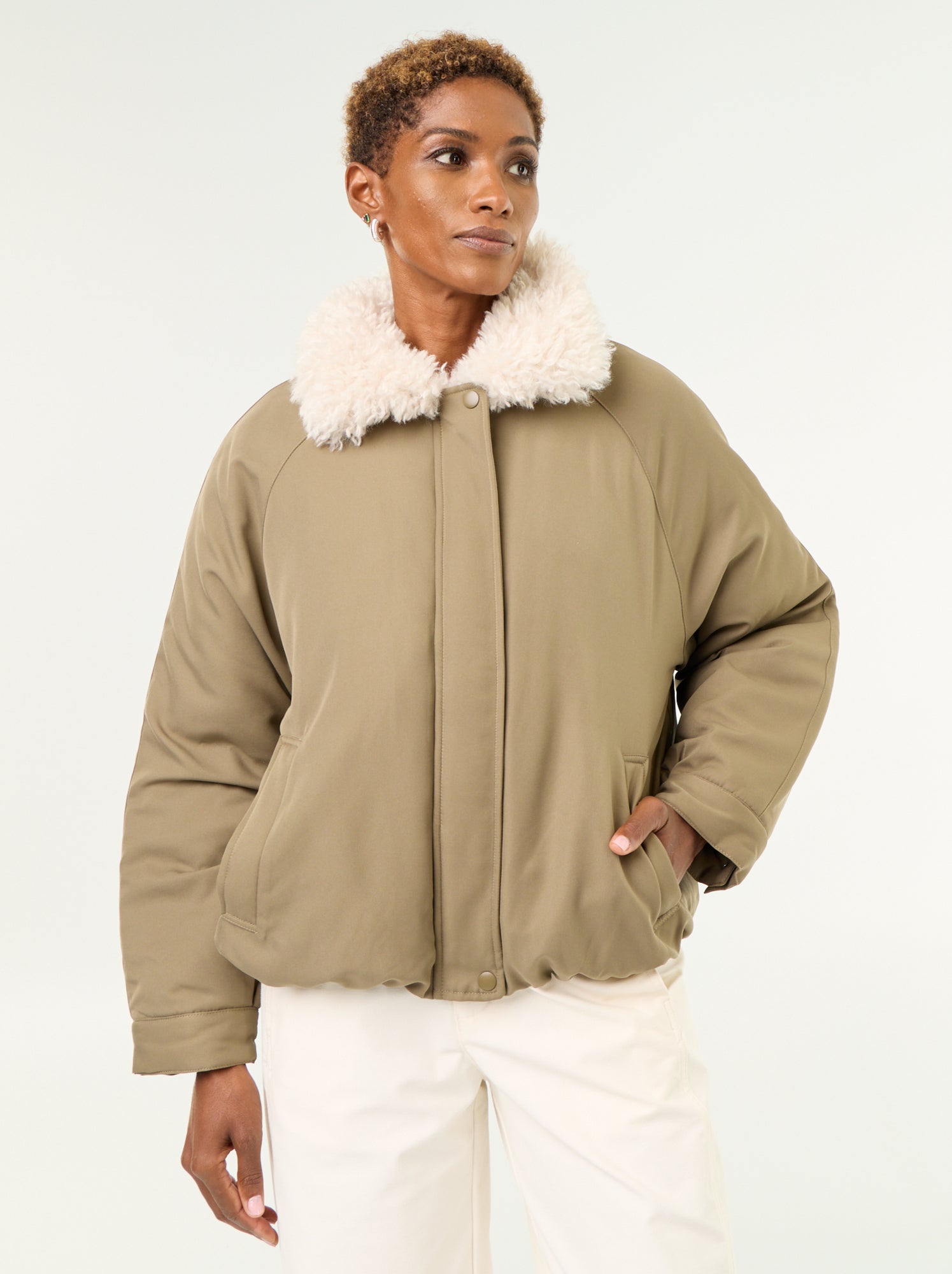 Blouson court avec col effet moutonné - Vert
