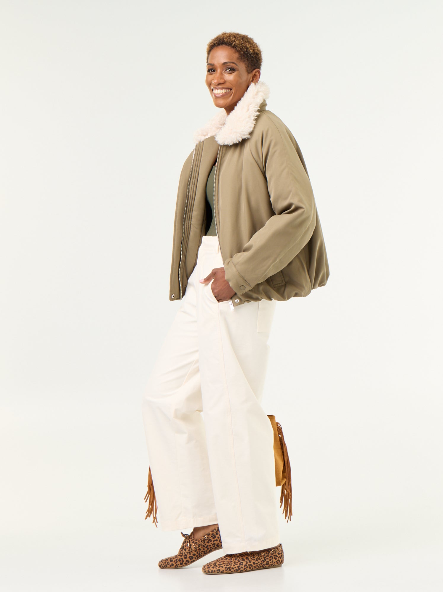 Blouson court avec col effet moutonné - Vert