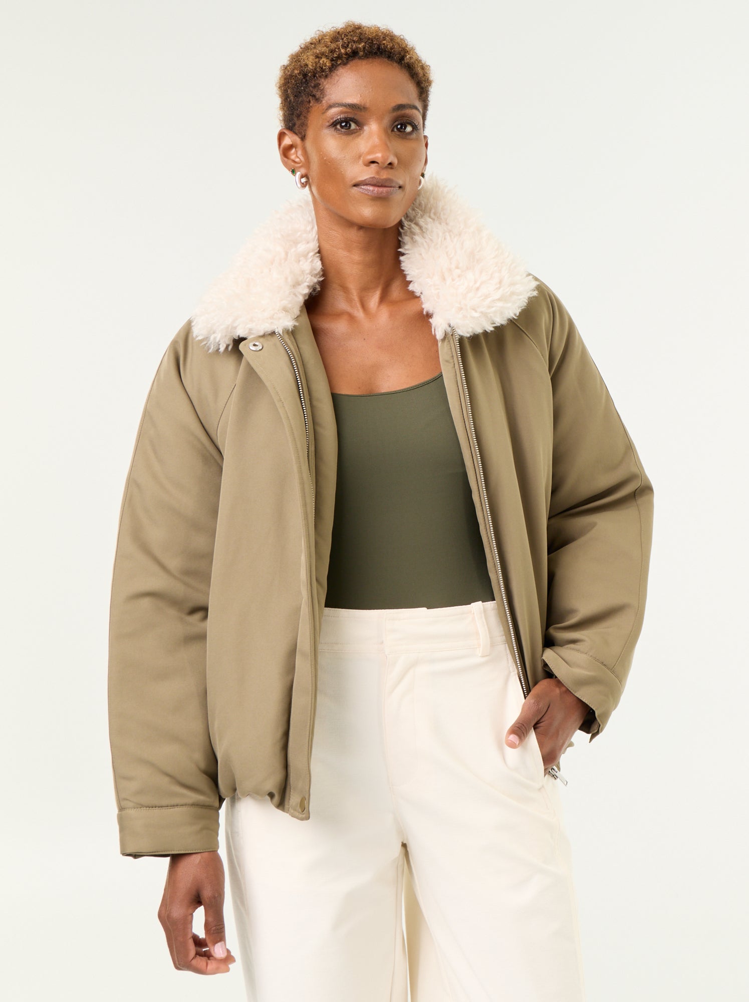 Blouson court avec col effet moutonné - Vert