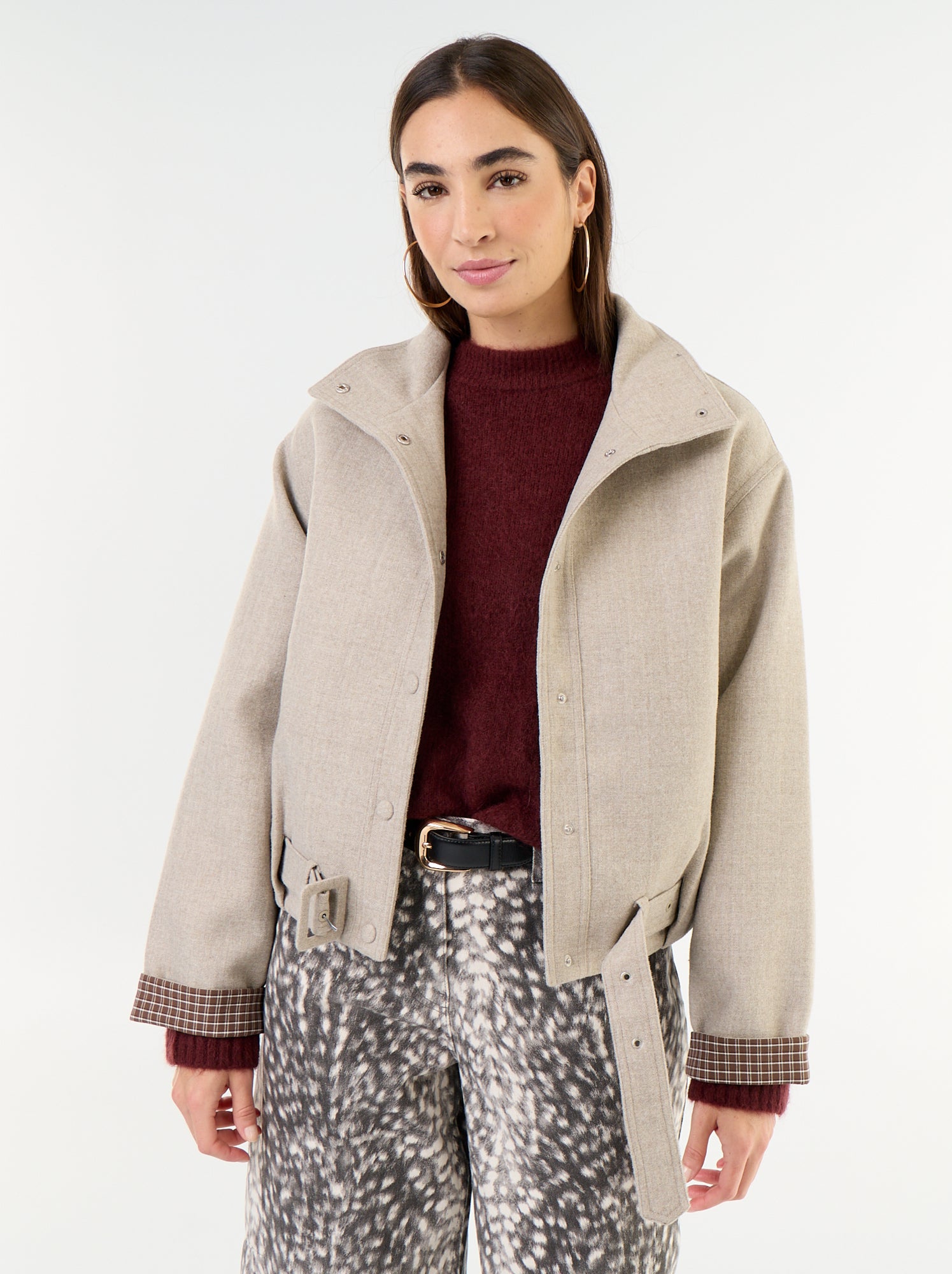Blouson court effet lainage avec ceinture intégrée - Beige