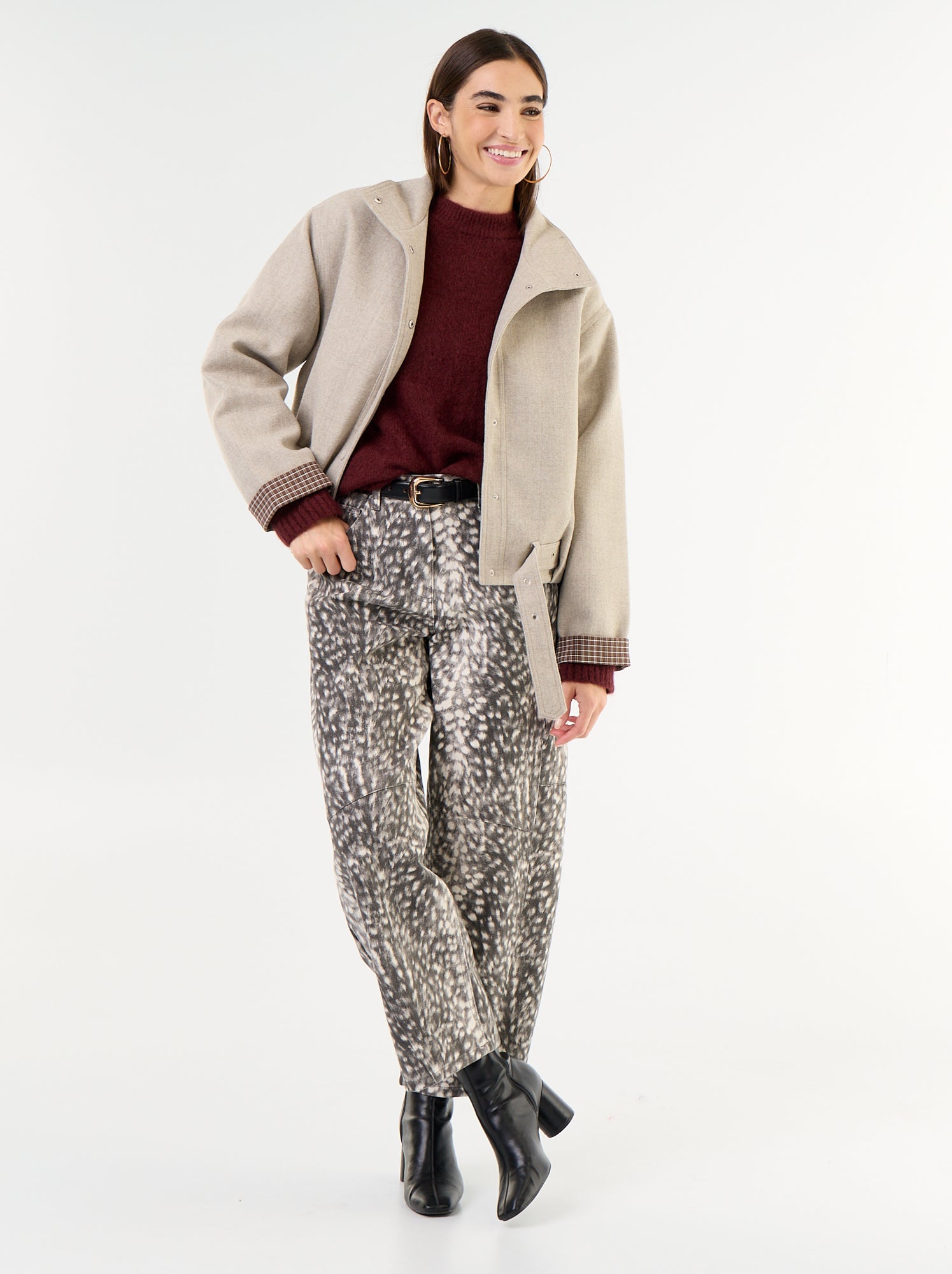 Blouson court effet lainage avec ceinture intégrée - Beige