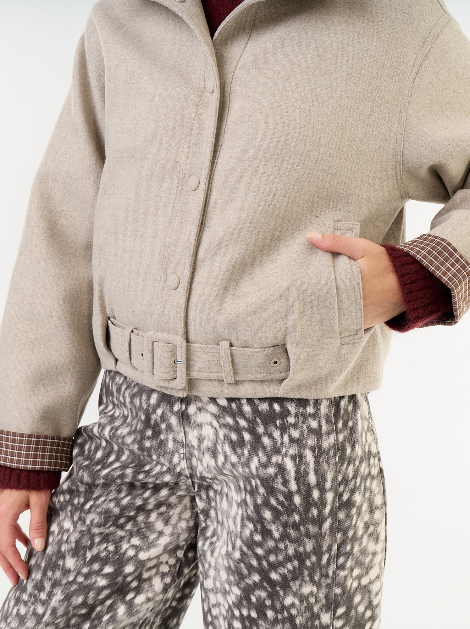 Blouson court effet lainage avec ceinture intégrée - Beige