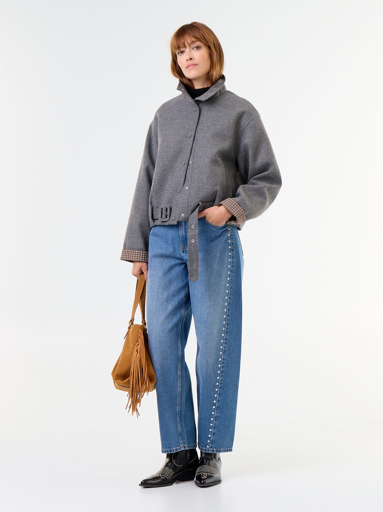 Blouson court effet lainage avec ceinture intégrée - Gris