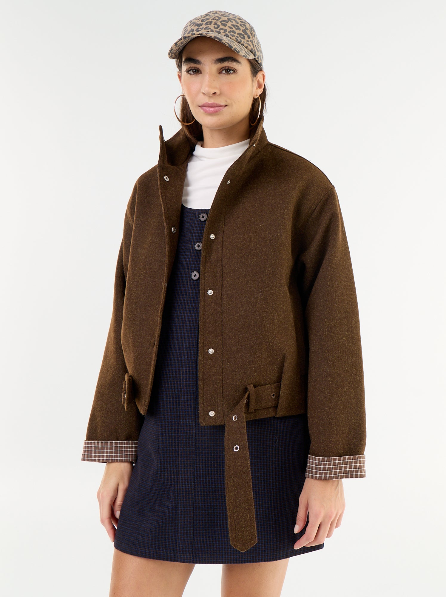 Blouson court effet lainage avec ceinture intégrée - Marron