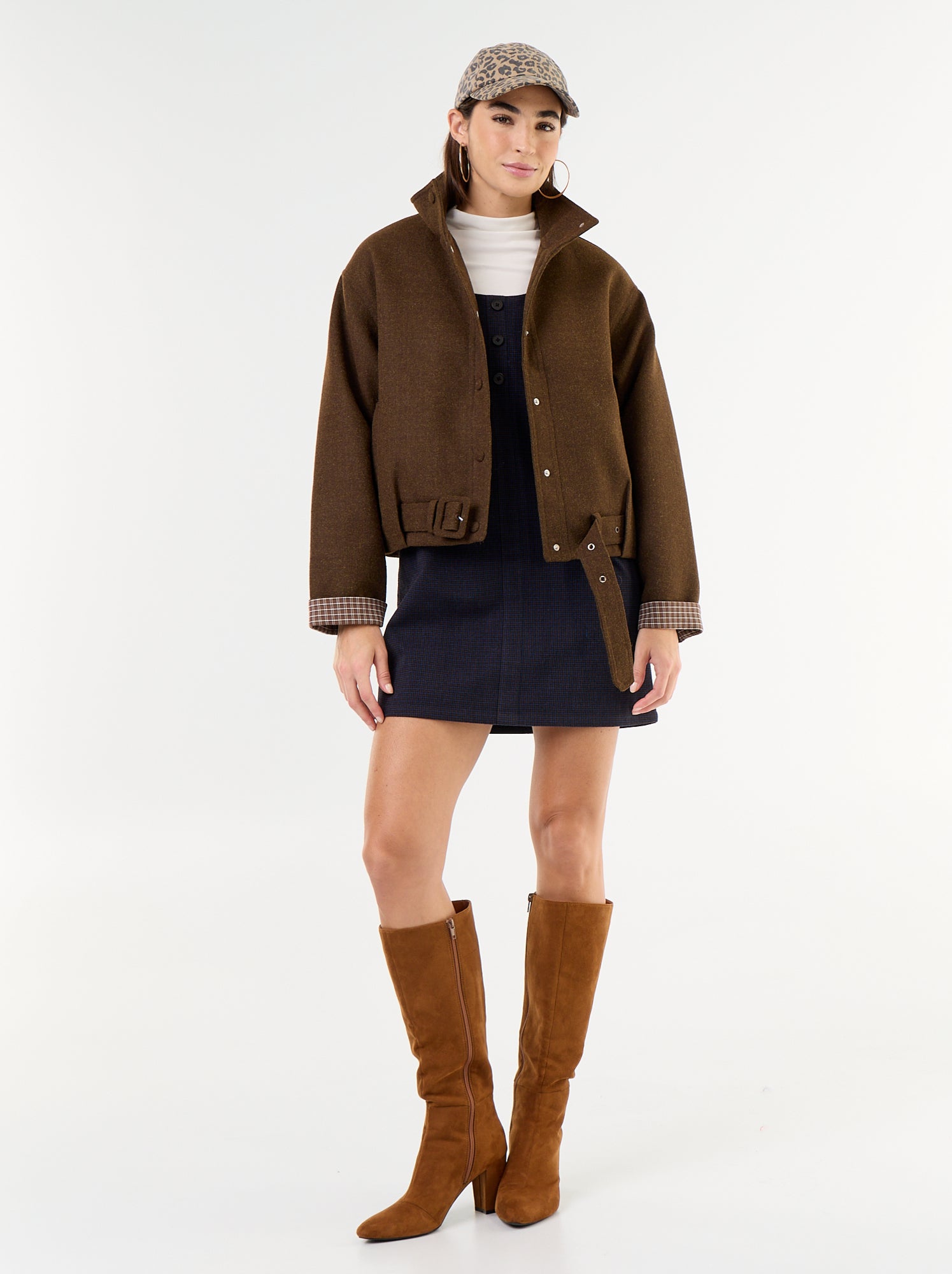 Blouson court effet lainage avec ceinture intégrée - Marron