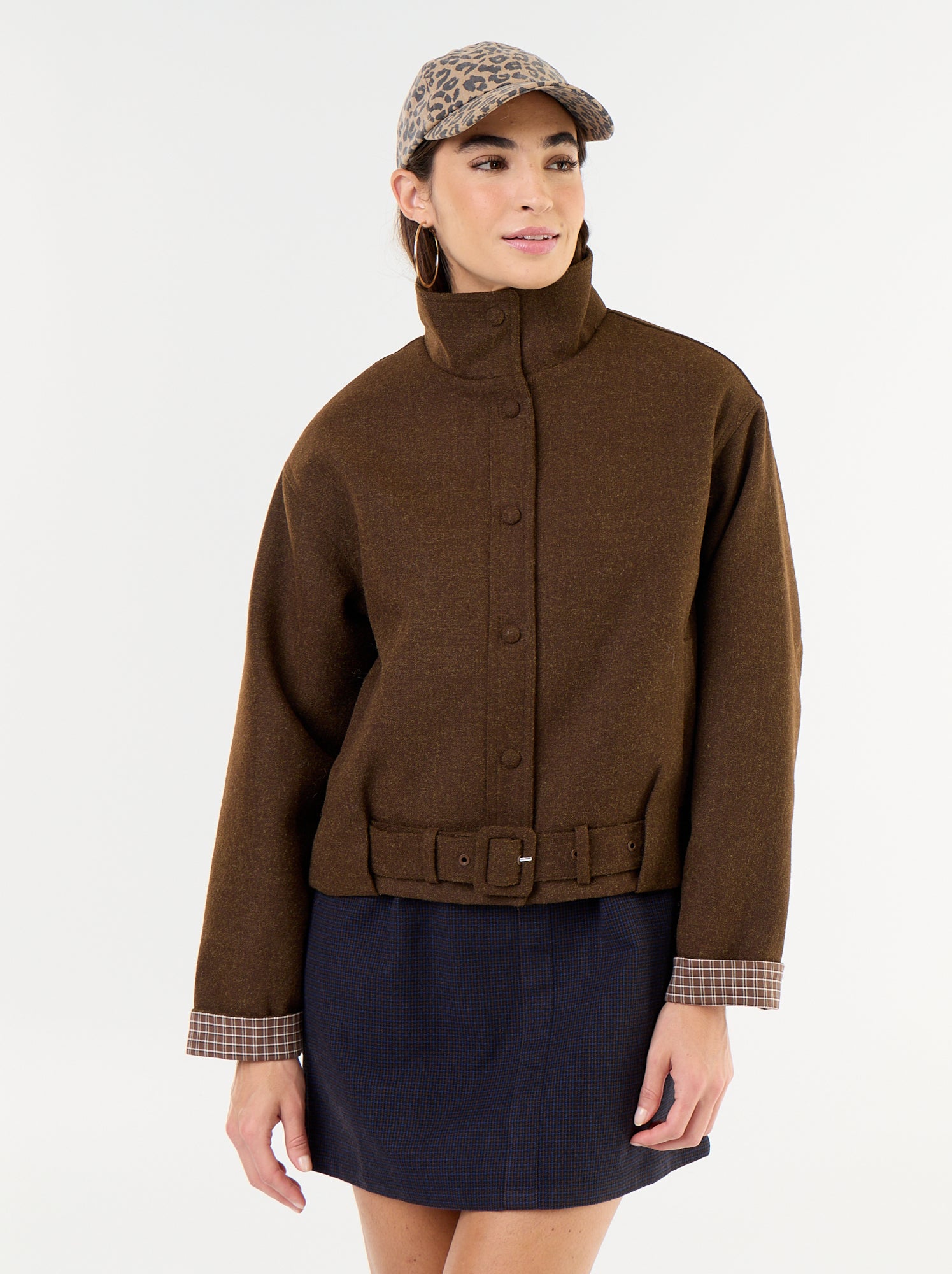 Blouson court effet lainage avec ceinture intégrée - Marron
