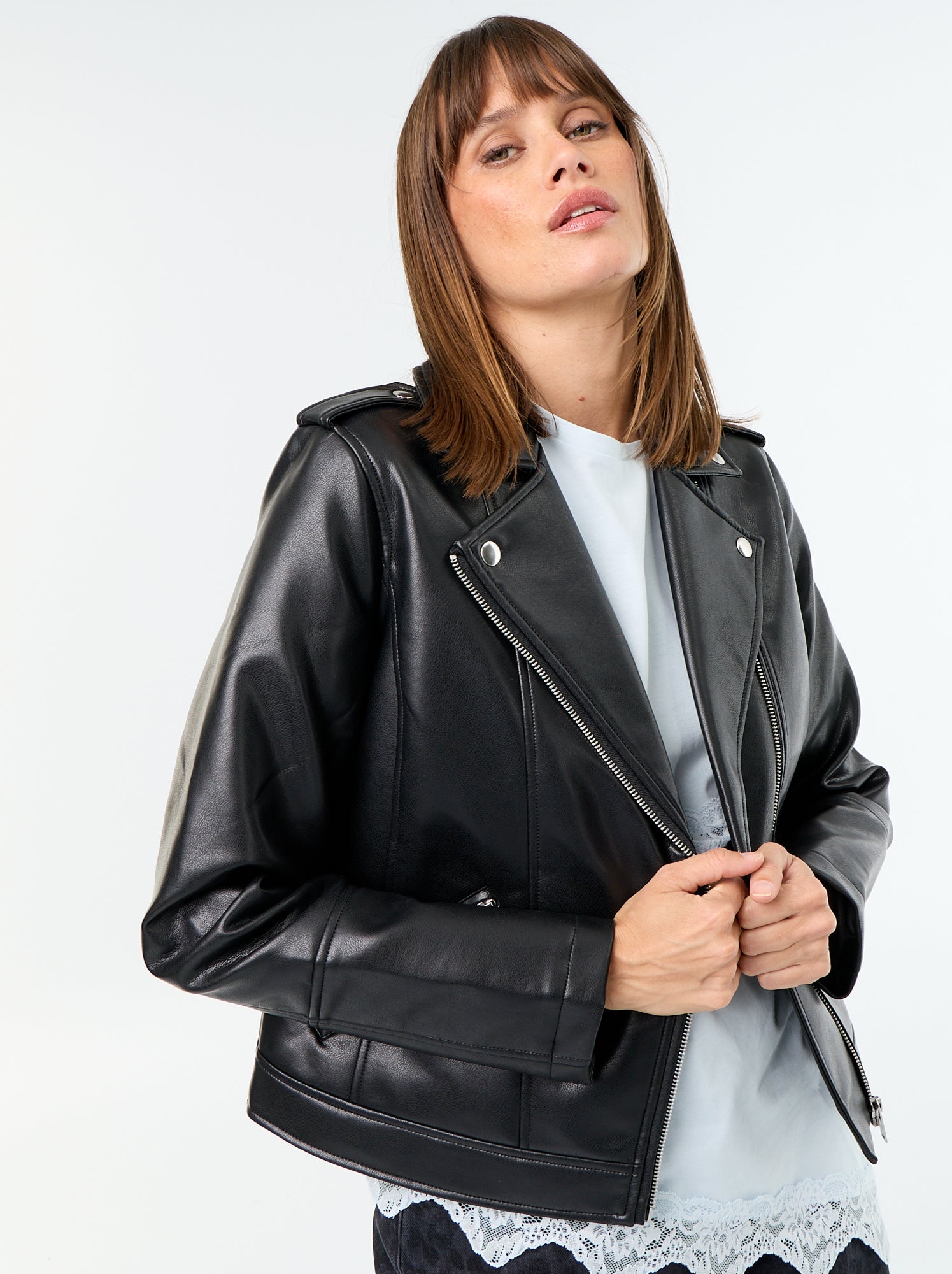 Blouson en simili à col cranté - Noir