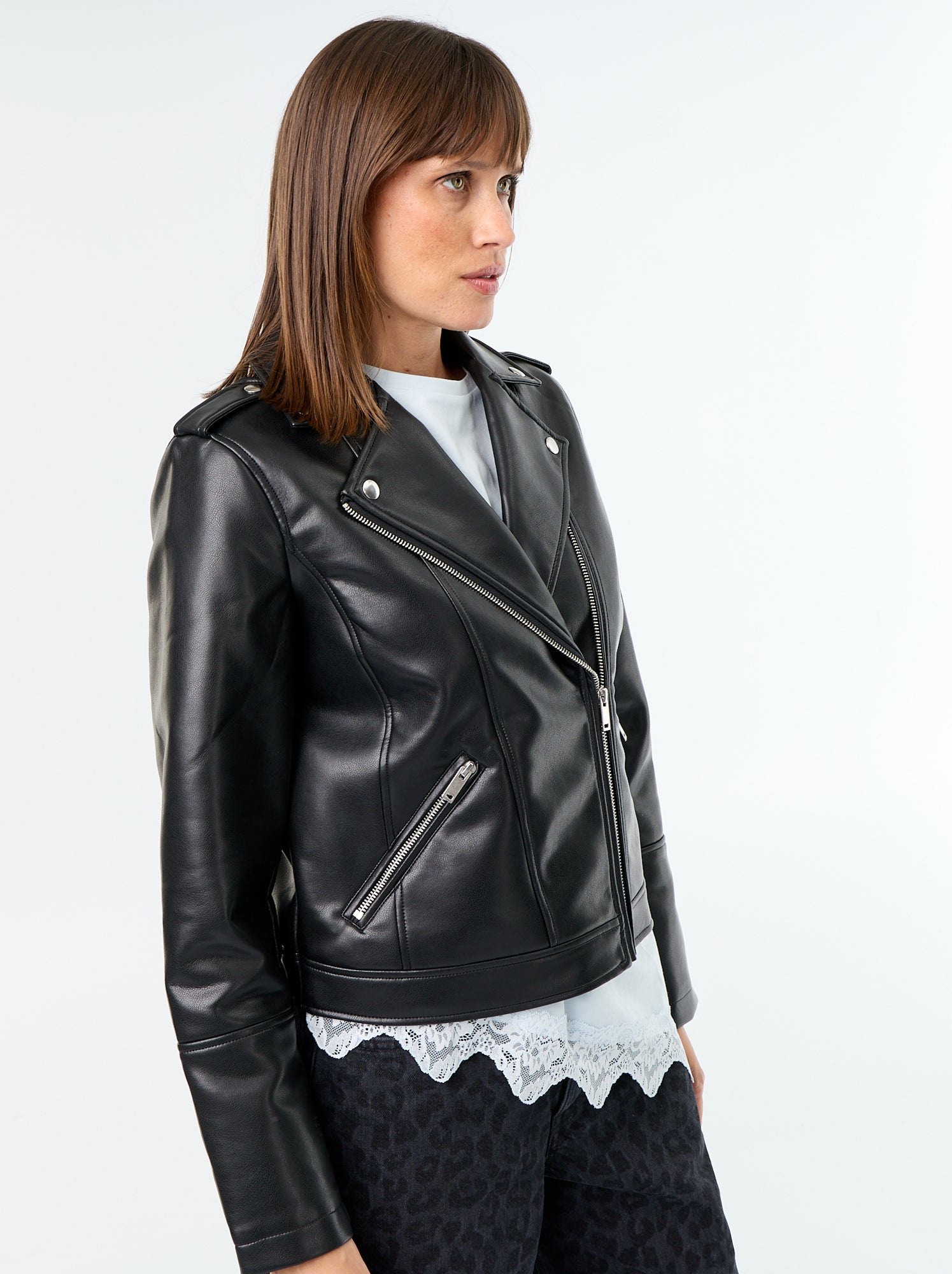 Blouson en simili à col cranté - Noir