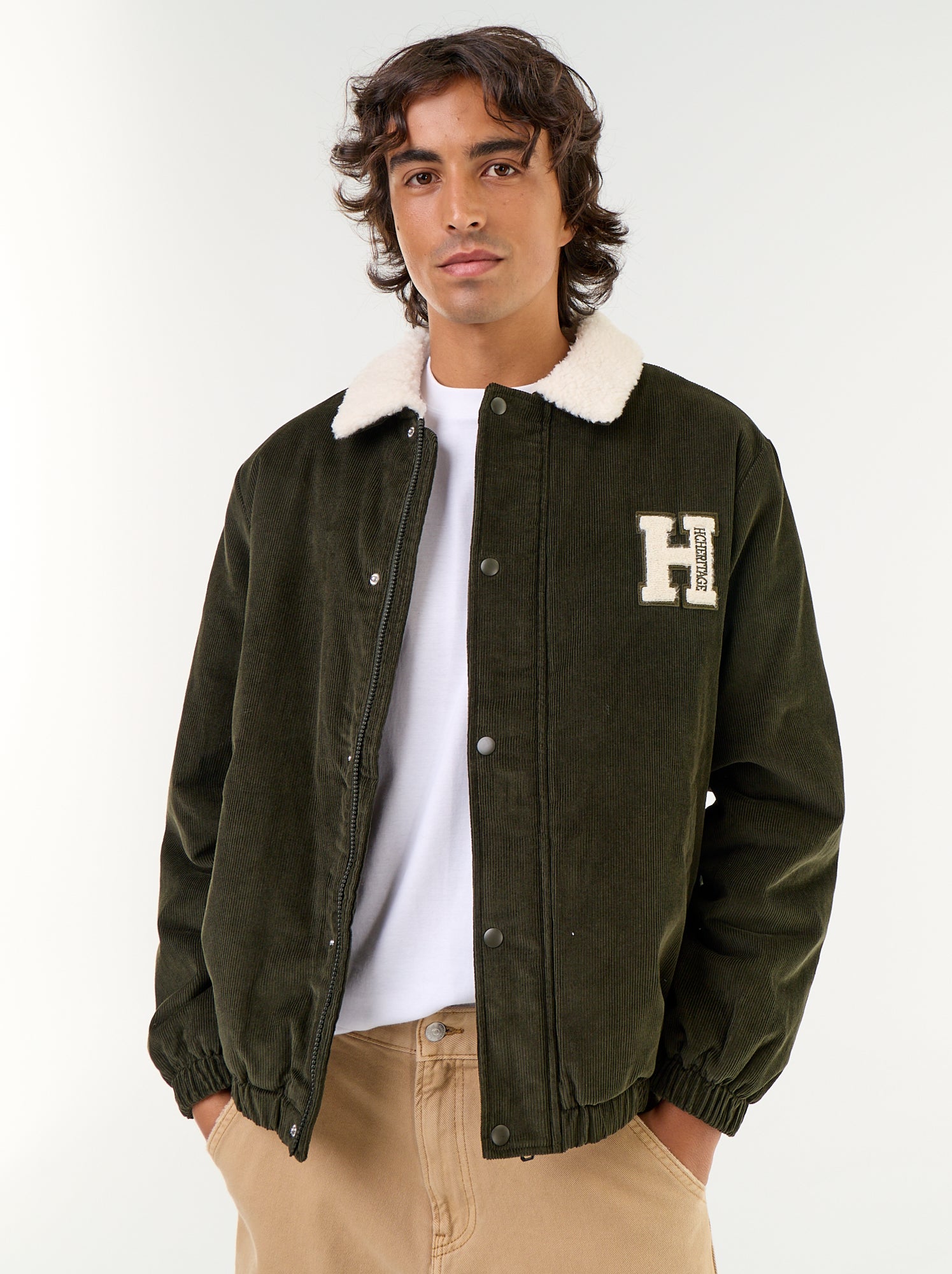 Blouson en velours côtelé col effet moutonné - Vert