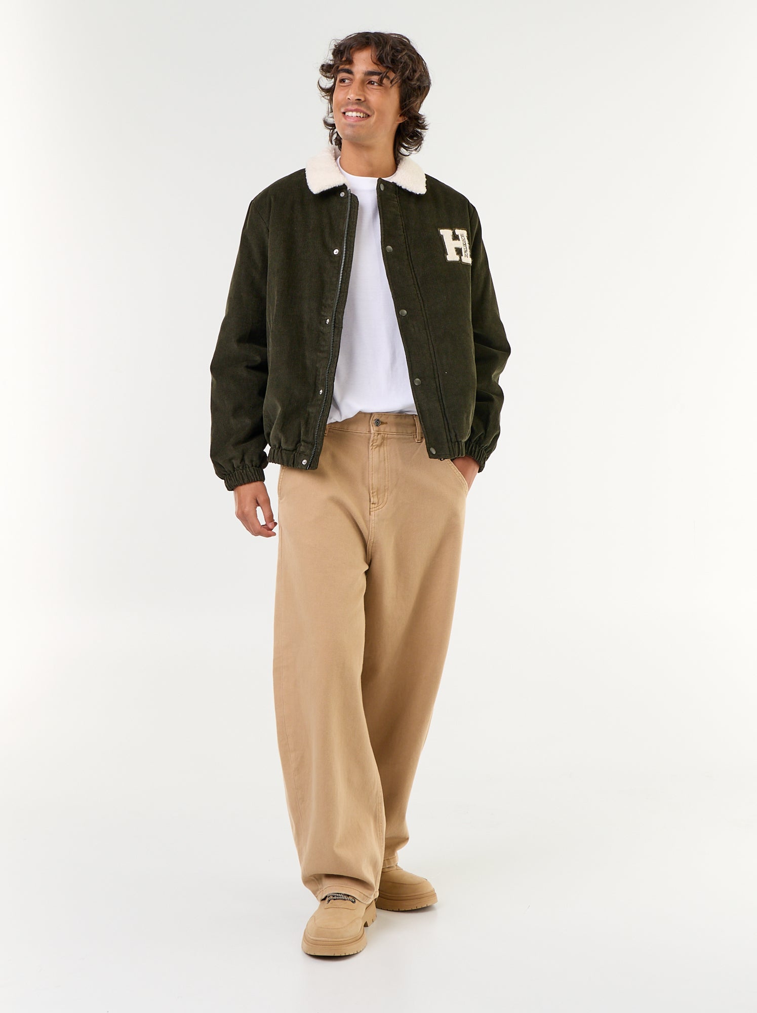 Blouson en velours côtelé col effet moutonné - Vert