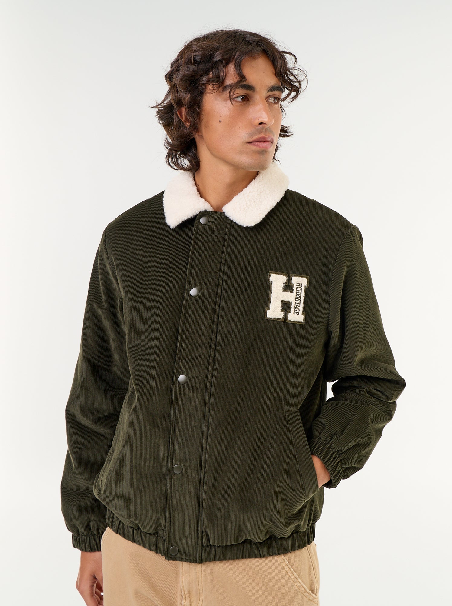 Blouson en velours côtelé col effet moutonné - Vert