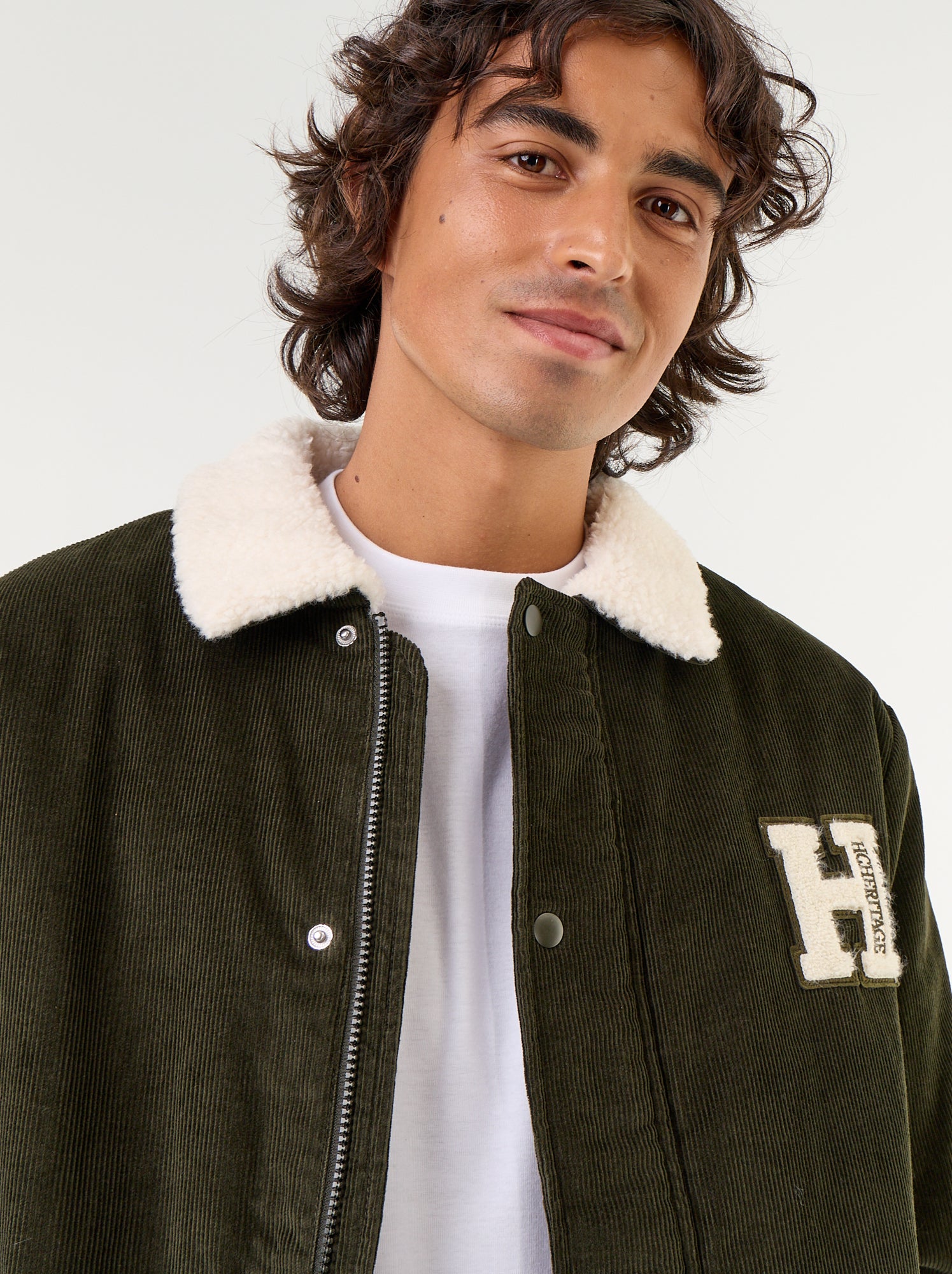 Blouson en velours côtelé col effet moutonné - Vert