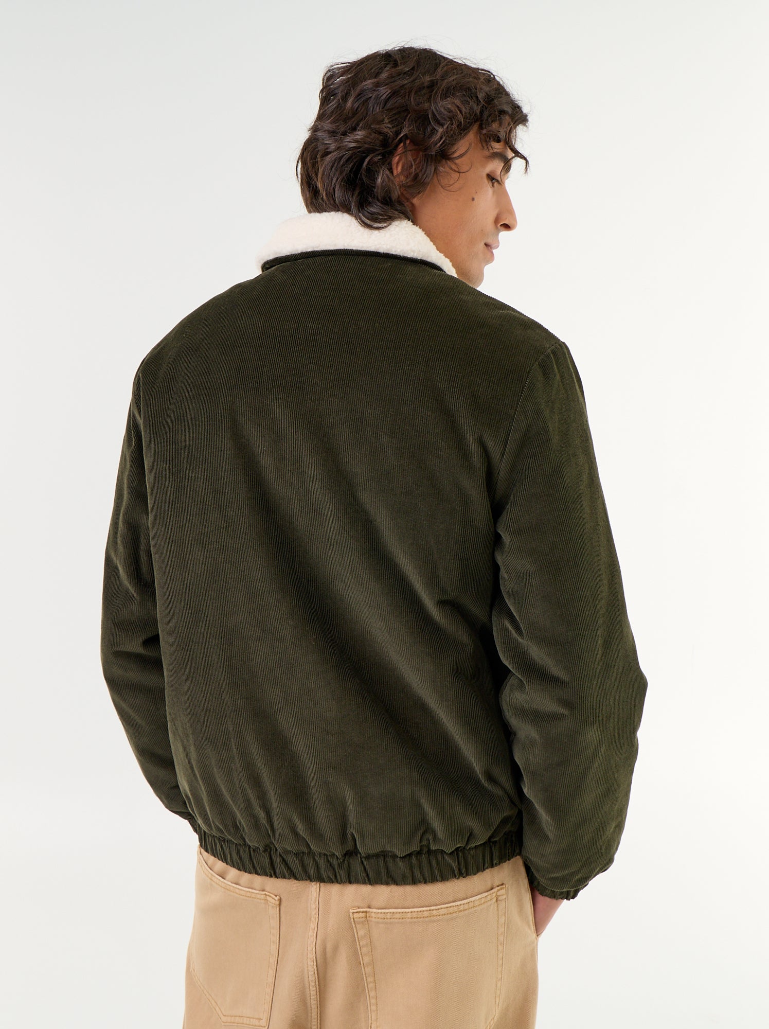 Blouson en velours côtelé col effet moutonné - Vert