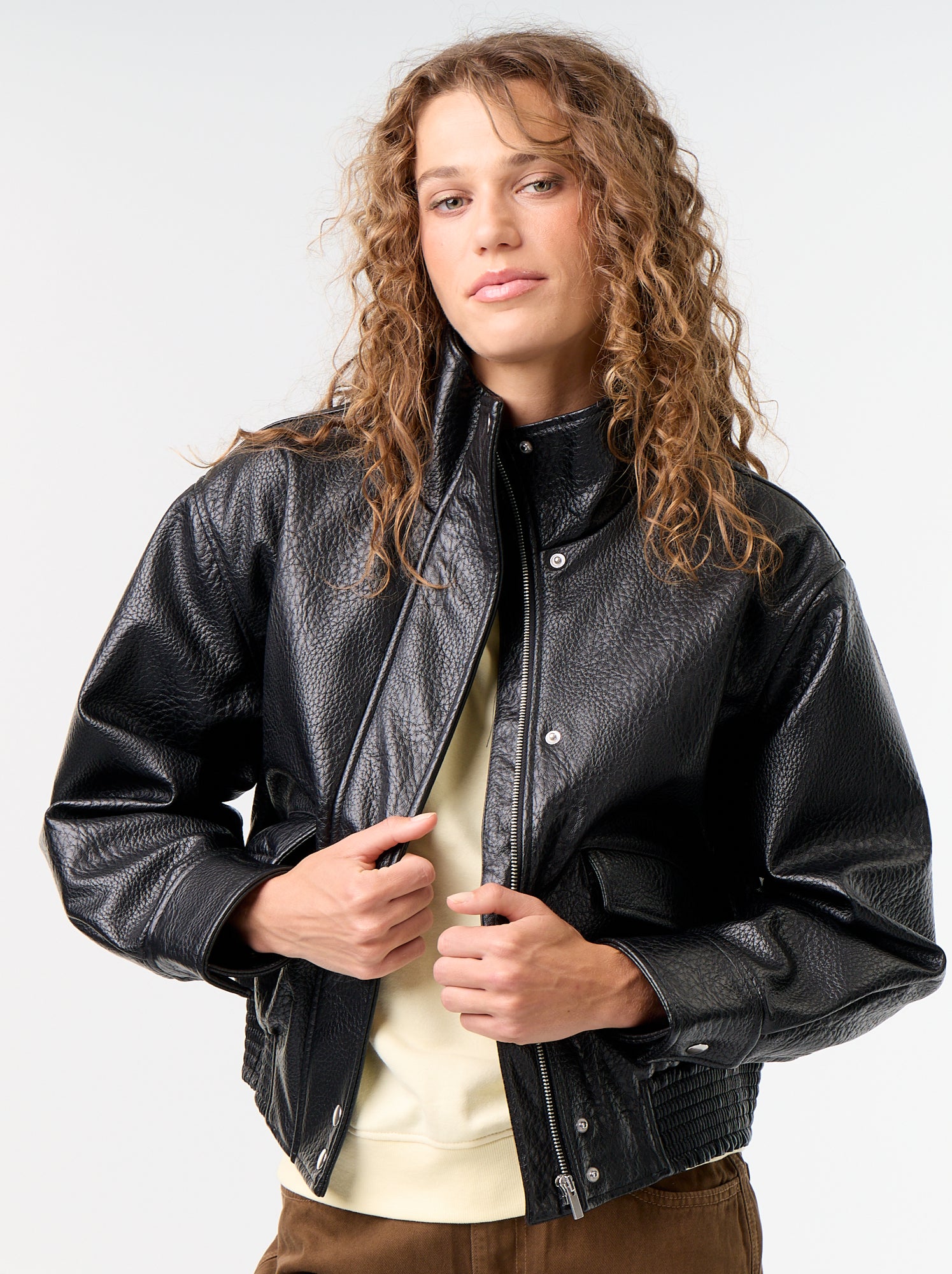 Blouson oversize en simili à col montant - Noir