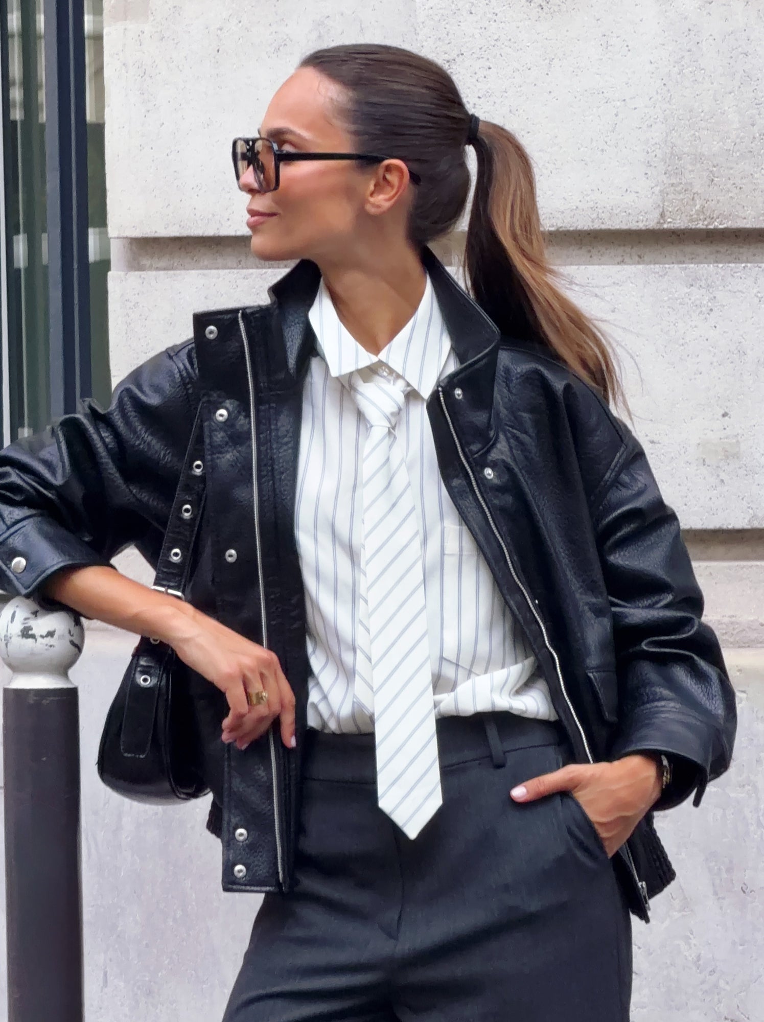 Blouson oversize en simili à col montant - Noir