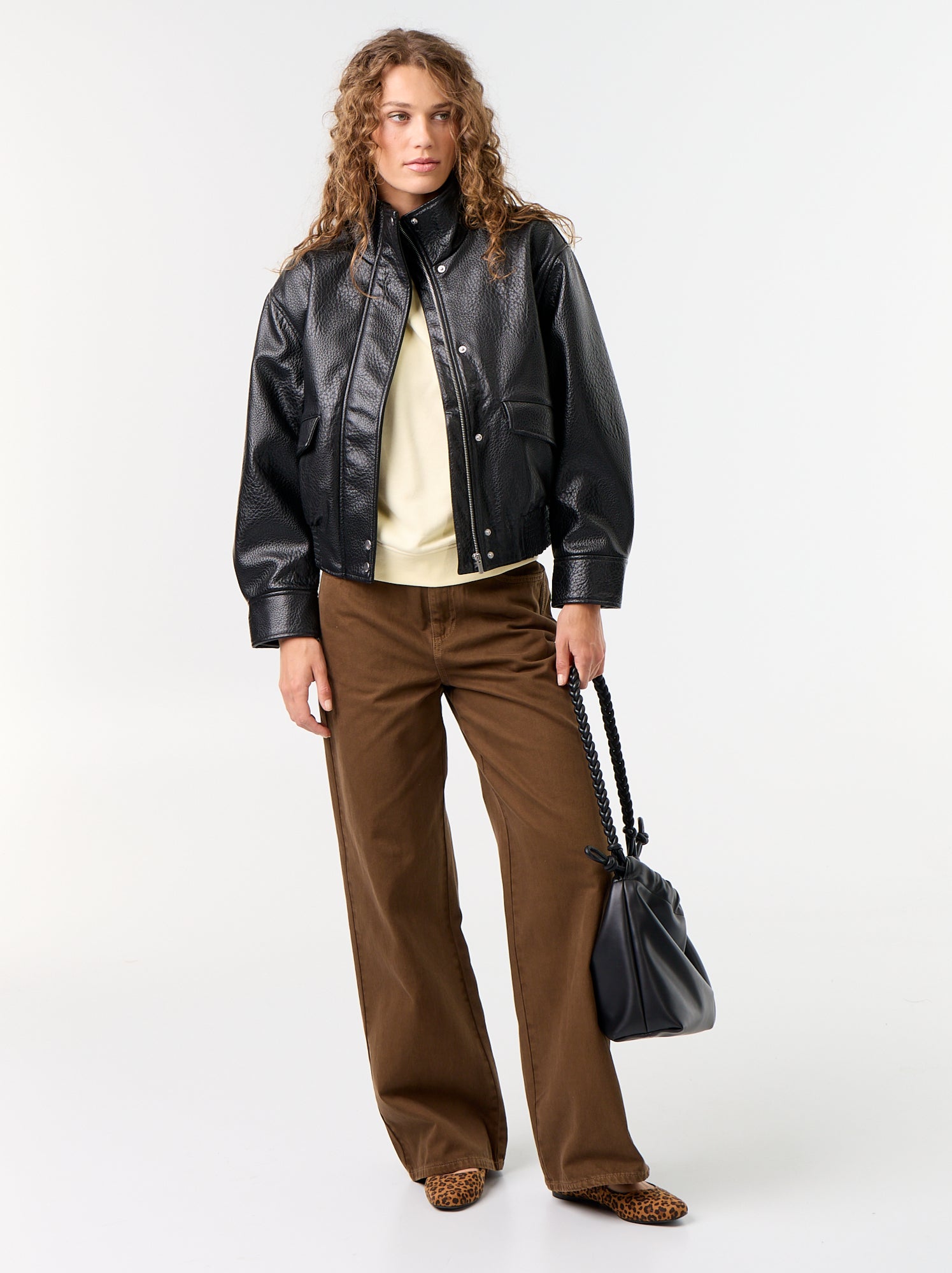 Blouson oversize en simili à col montant - Noir
