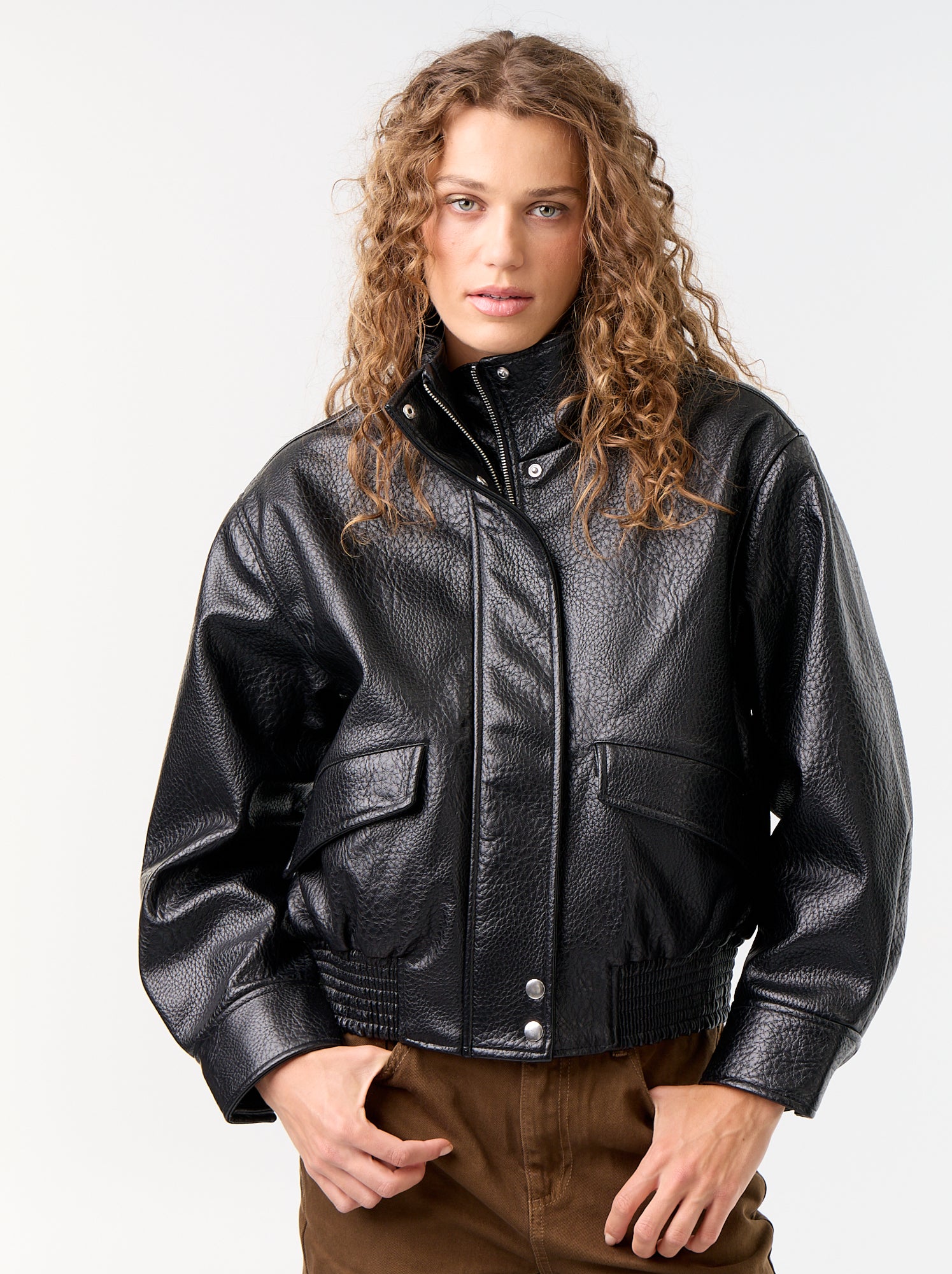Blouson oversize en simili à col montant - Noir