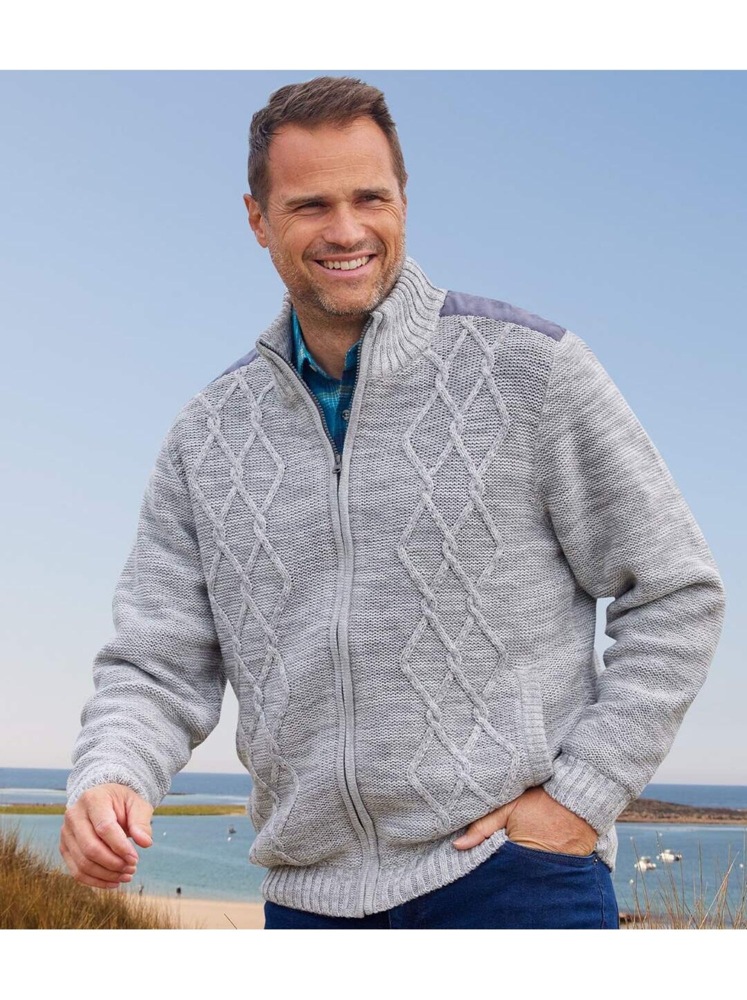 Blouson Tricot Zippé Doublé Polaire  - ATLAS FOR MEN - Gris