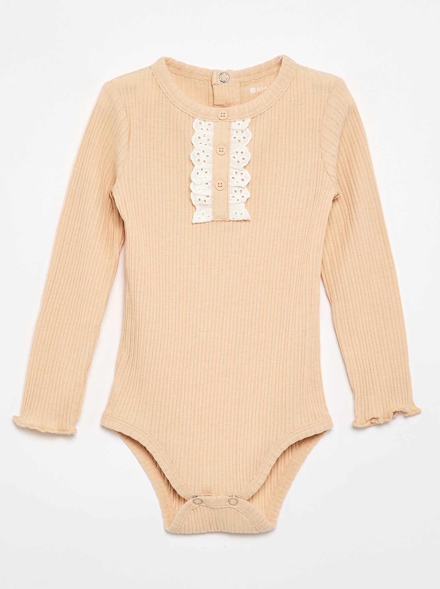 Body en maille côtelée avec broderie anglaise - Beige
