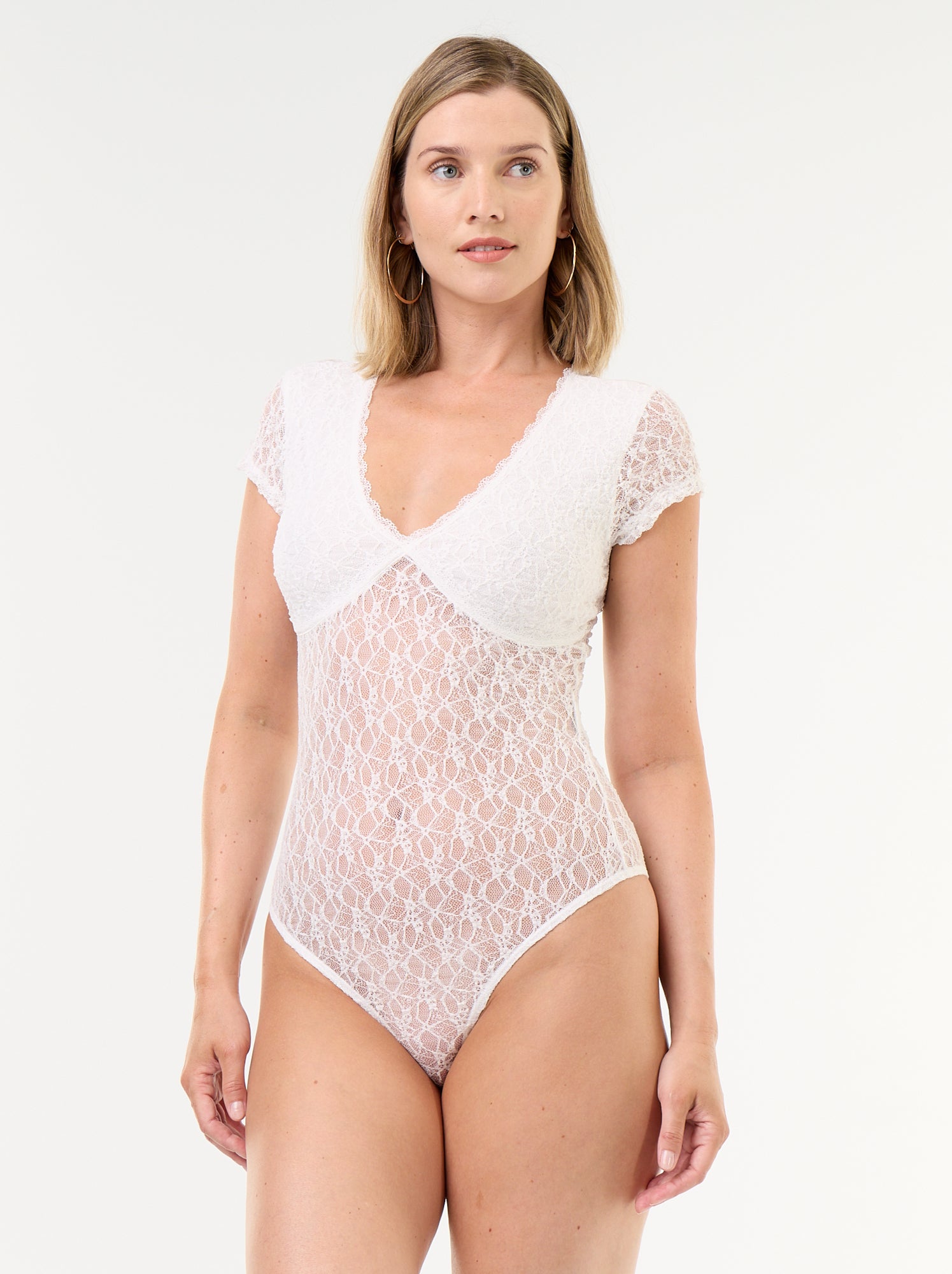 Body manches courtes en dentelle - Blanc