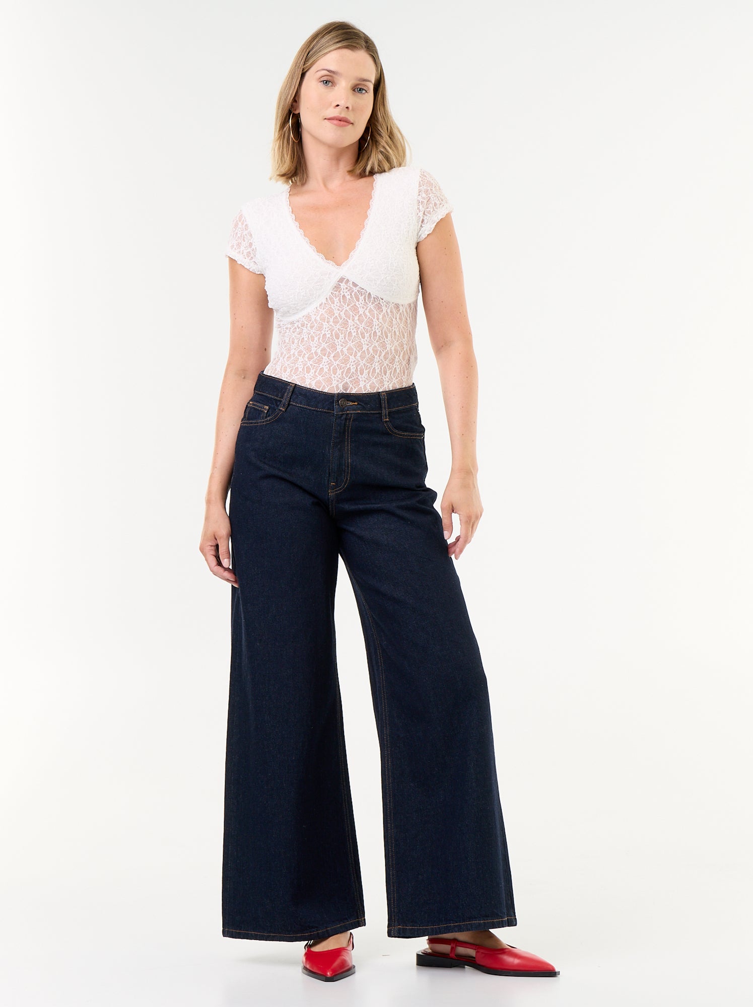 Body manches courtes en dentelle - Blanc