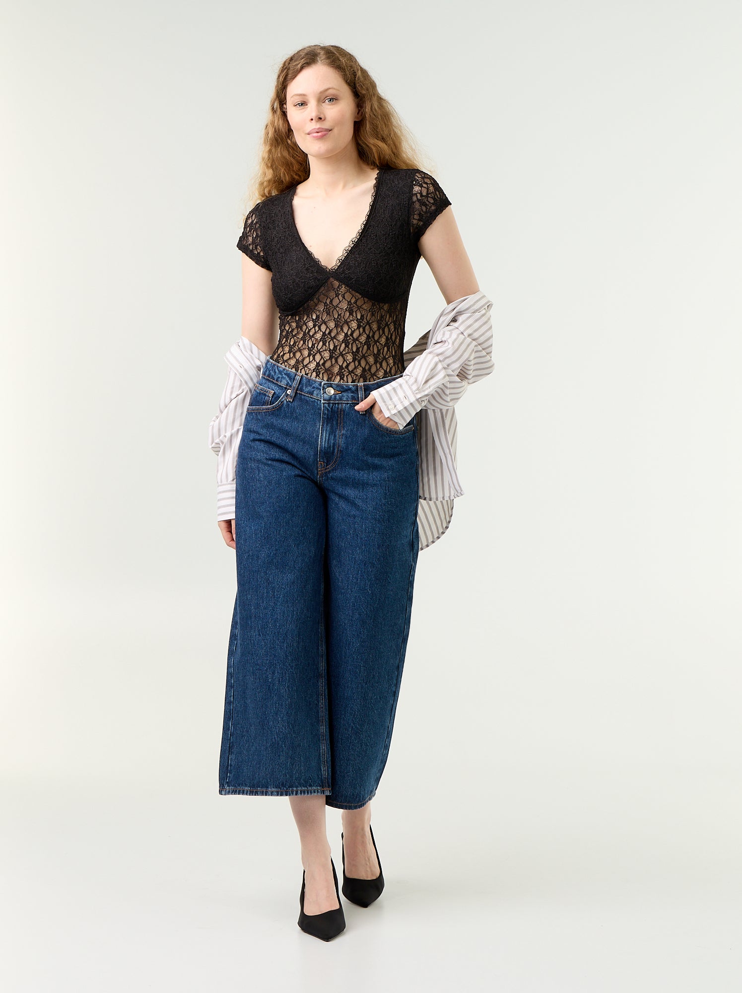 Body manches courtes en dentelle - Noir