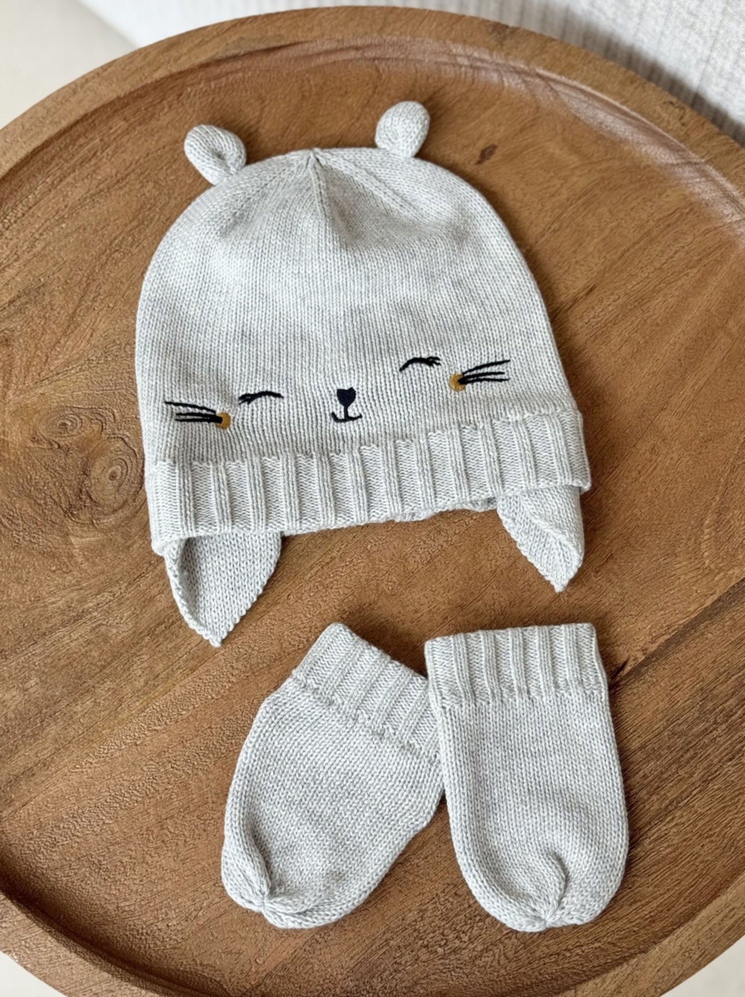Bonnet bébé et moufles en tricot esmée - Gris Gris
