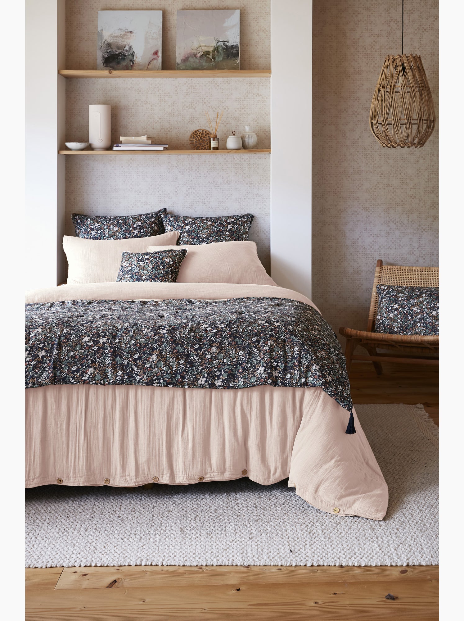 Bout de lit – double gaze de coton imprimée – capucine minuit - Bleu foncé