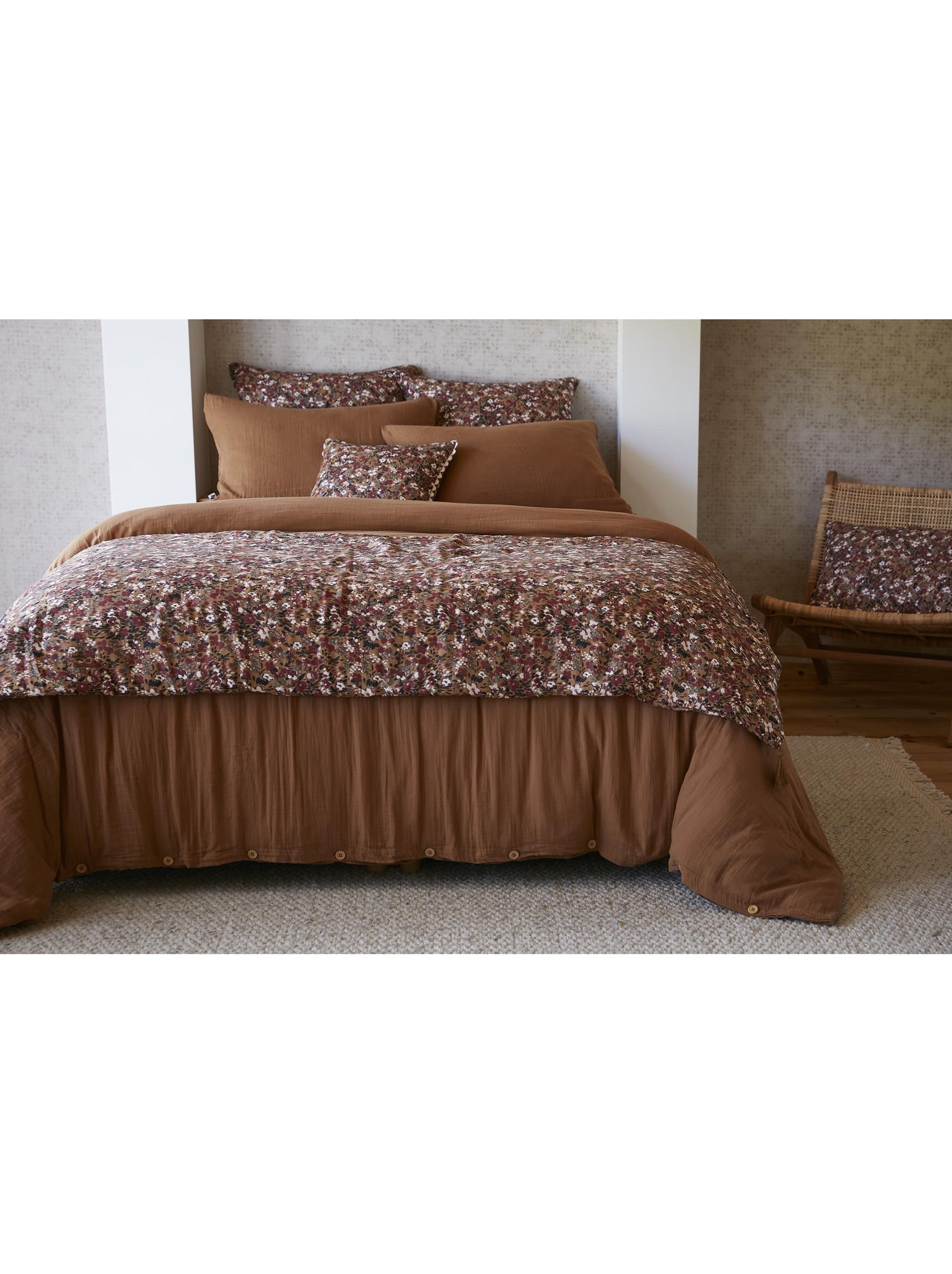 Bout de lit – double gaze de coton imprimée – capucine minuit - Camel