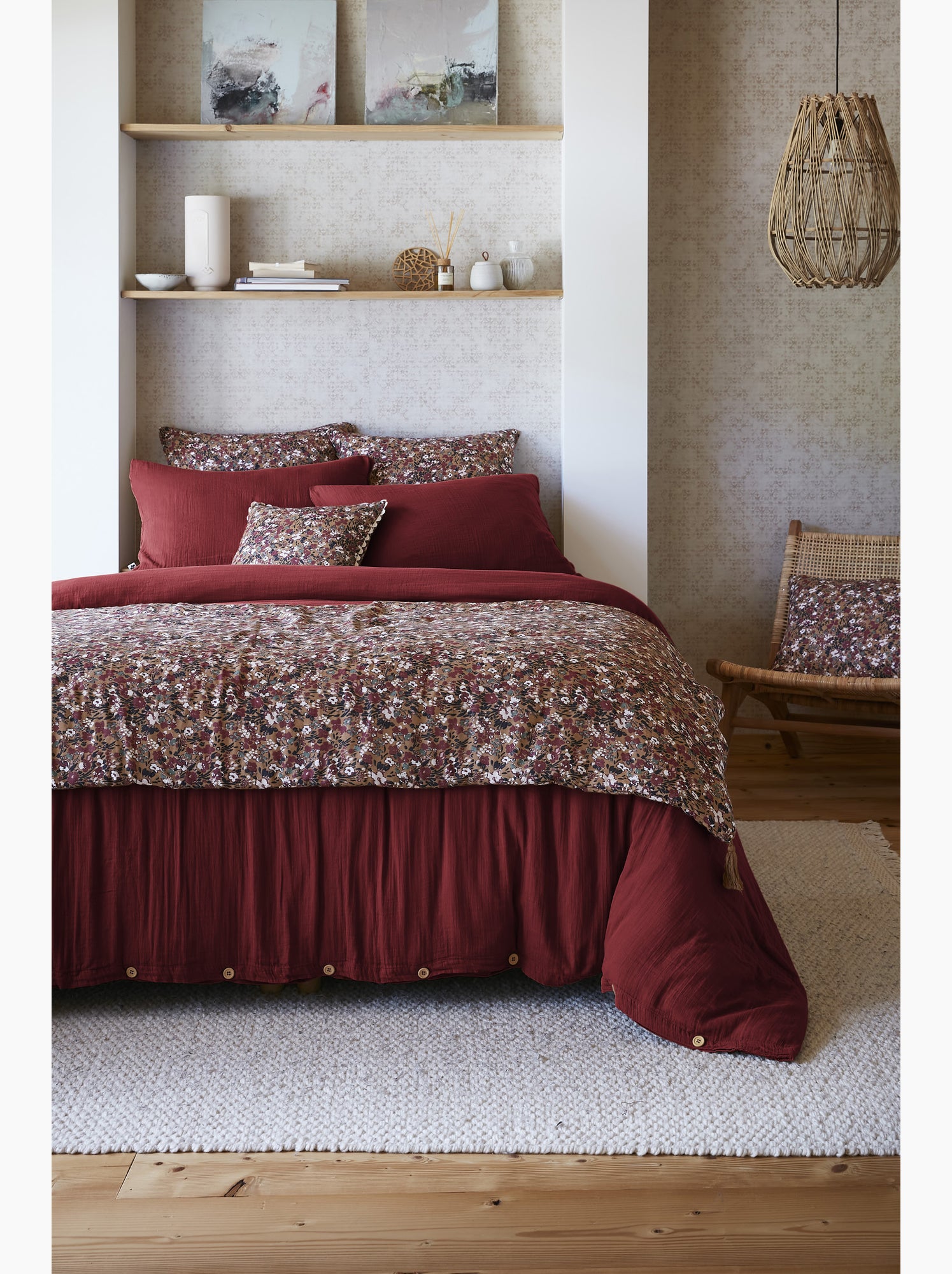 Bout de lit – double gaze de coton imprimée – capucine minuit - Camel