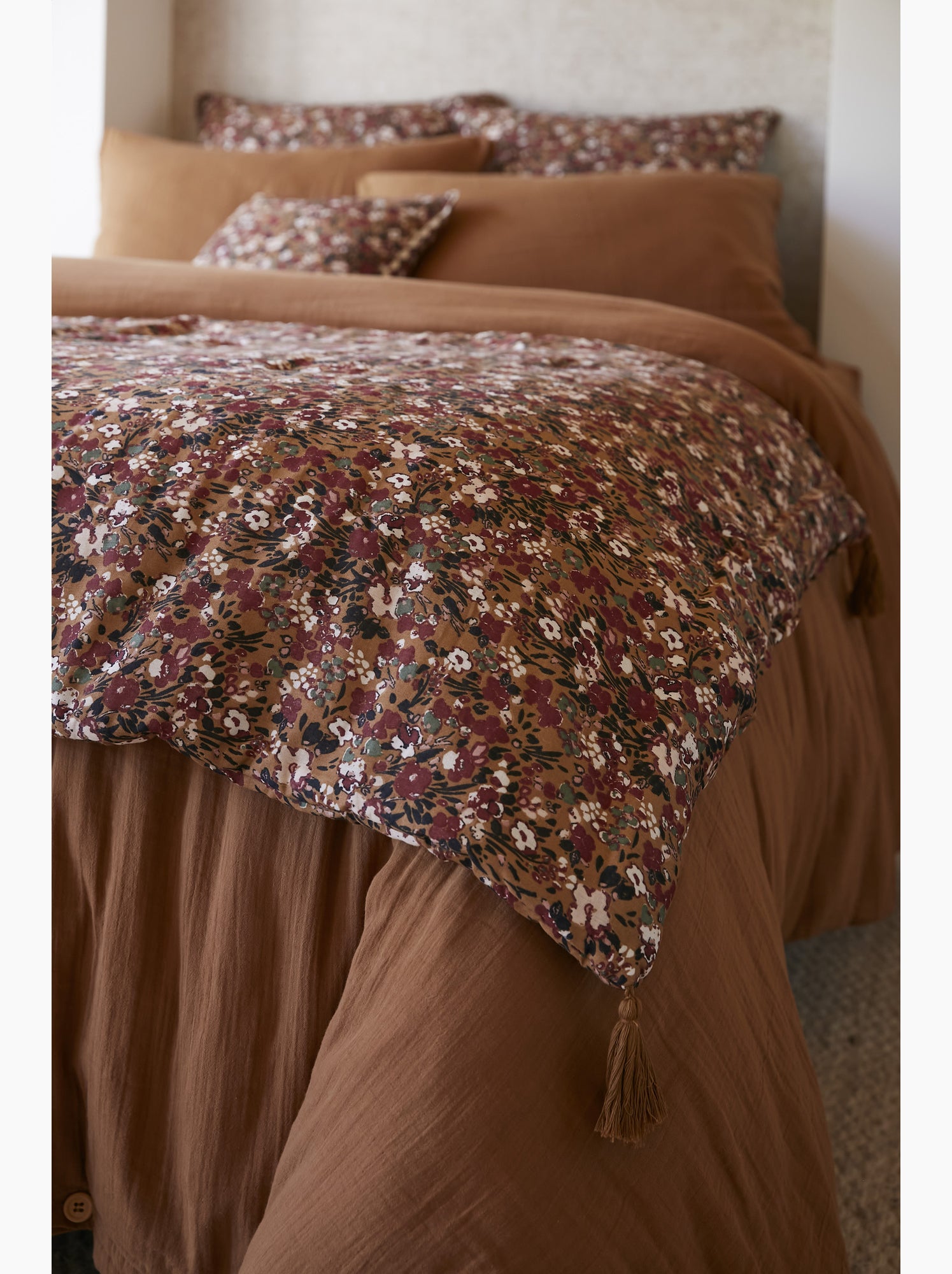 Bout de lit – double gaze de coton imprimée – capucine minuit - Camel