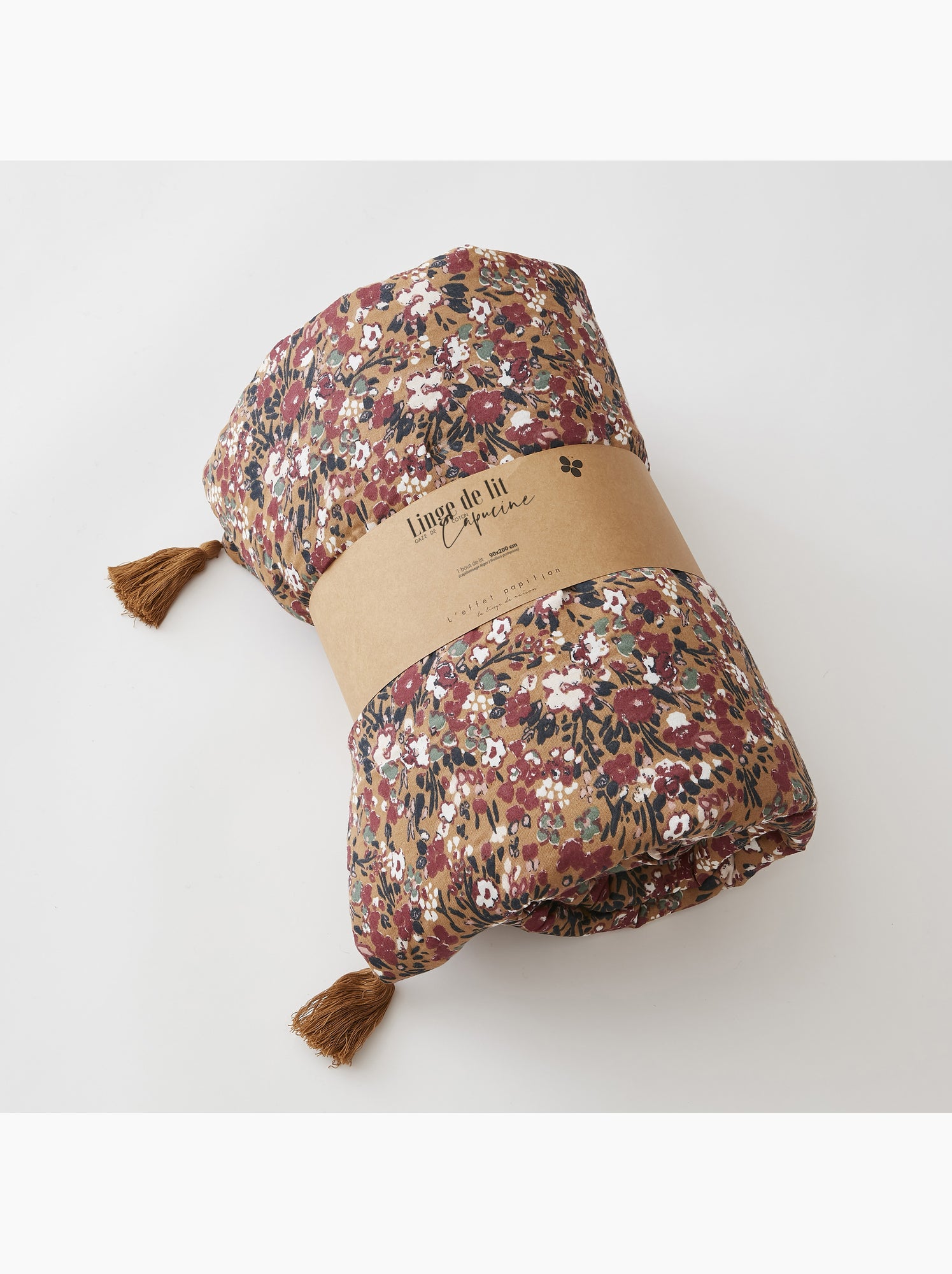 Bout de lit – double gaze de coton imprimée – capucine minuit - Camel