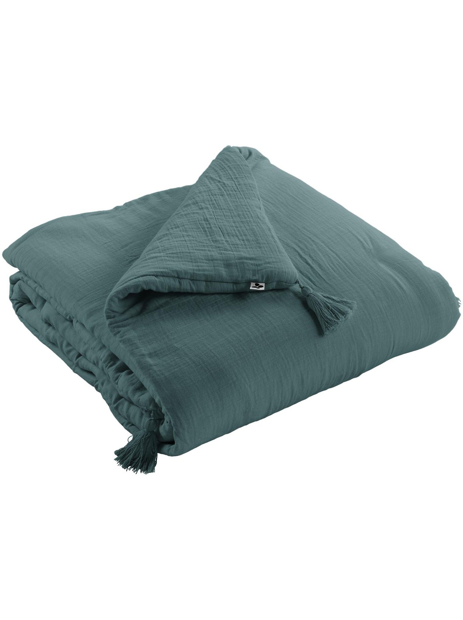 Bout de lit – double gaze de coton unie - finition pompon - gaïa - Bleu canard