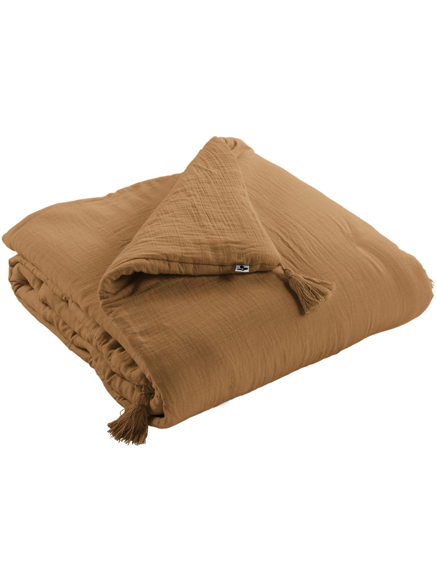 Bout de lit – double gaze de coton unie - finition pompon - gaïa - Camel