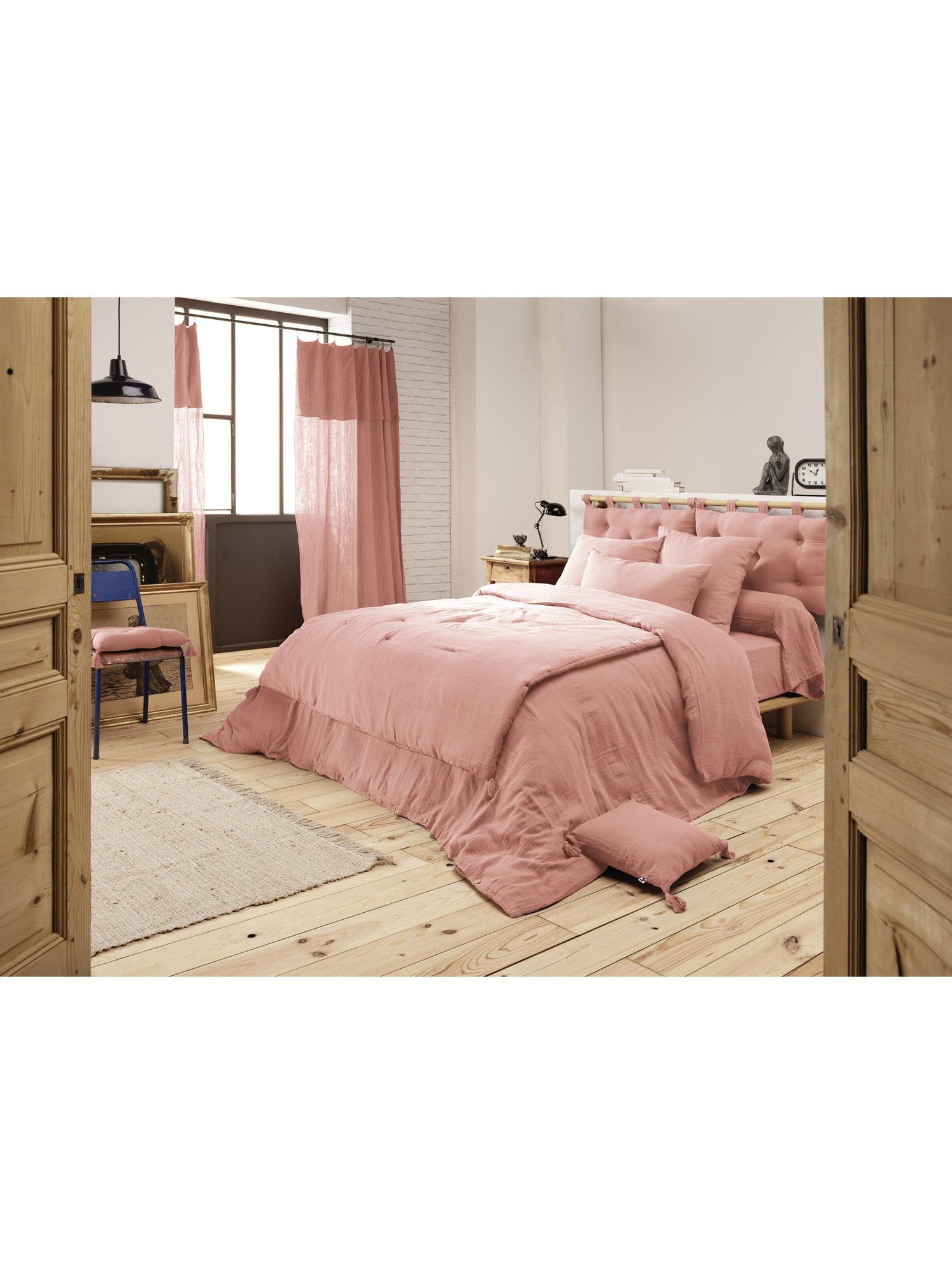 Bout de lit – double gaze de coton unie - finition pompon - gaïa - Peche