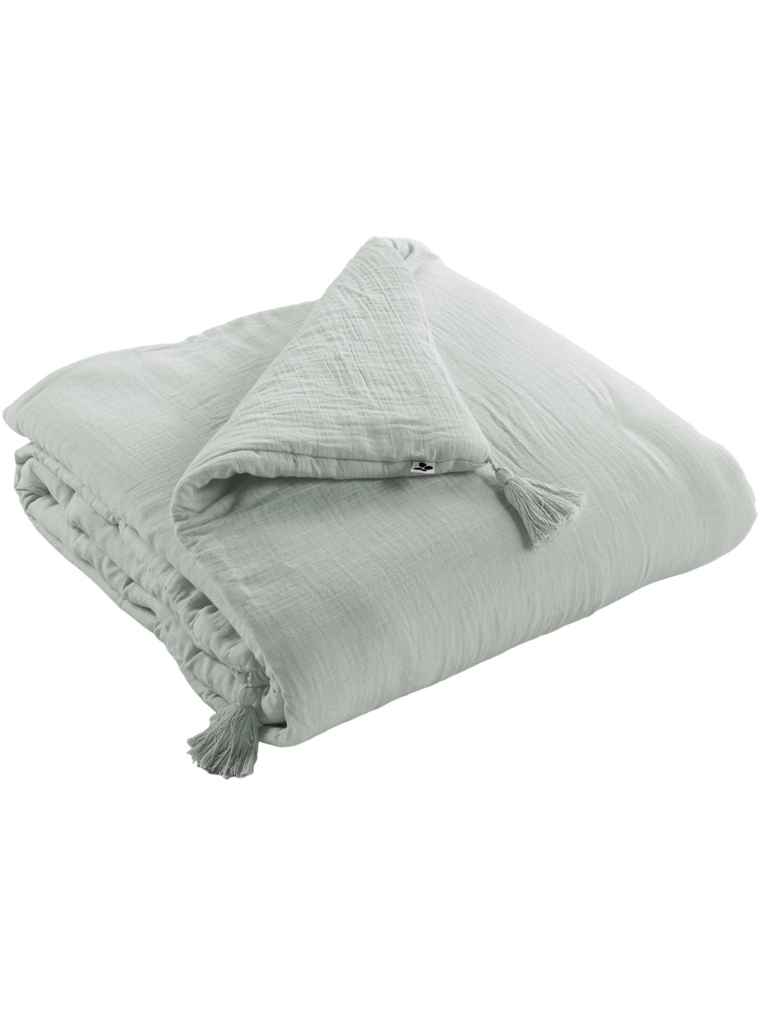 Bout de lit – double gaze de coton unie - finition pompon - gaïa - Vert eucalyptus