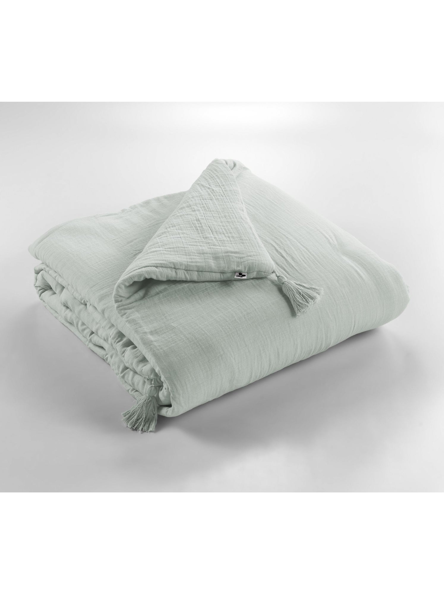 Bout de lit – double gaze de coton unie - finition pompon - gaïa - Vert eucalyptus