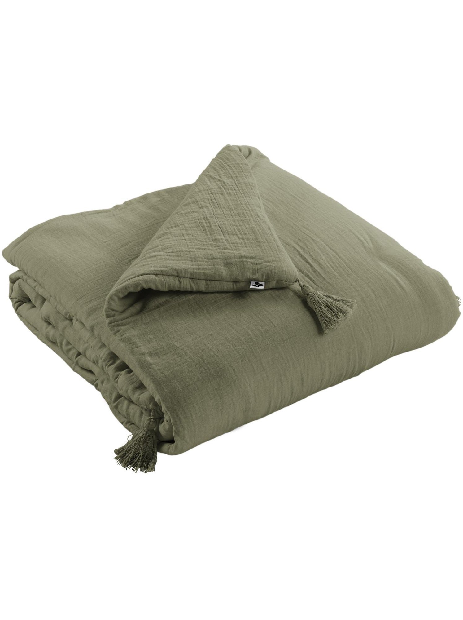 Bout de lit – double gaze de coton unie - finition pompon - gaïa - Vert romarin