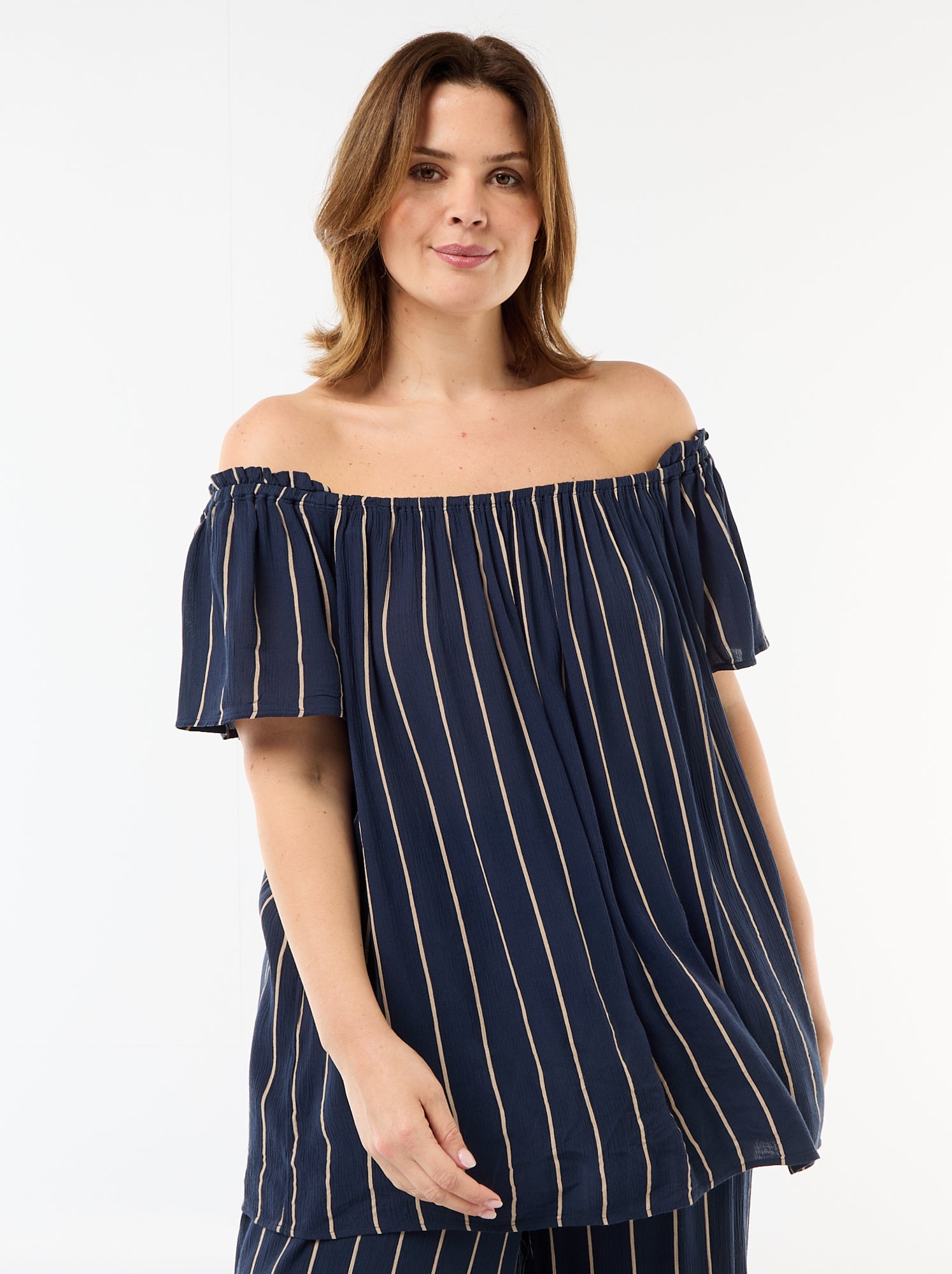 Blouse fluide crêpée à manches courtes - Bleu (FFB55_4)