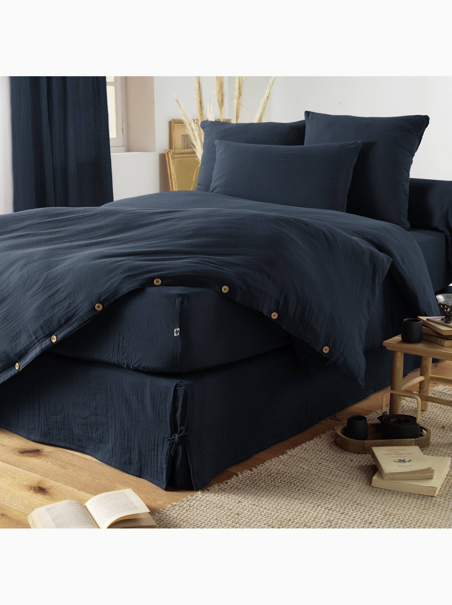Cache sommier Gaze de coton gamme Gaia - Bleu canard